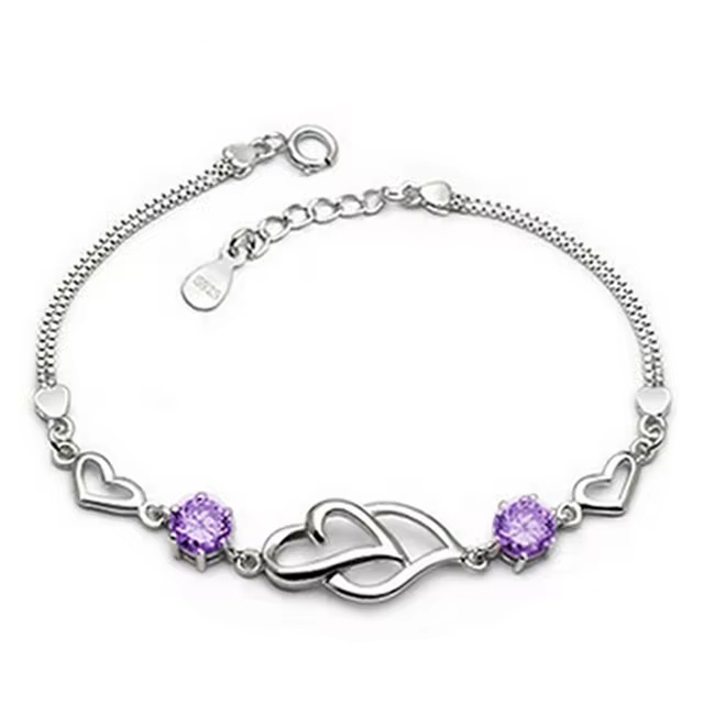Sterling Silver Purple Hearts Austria Crystal Bracelet