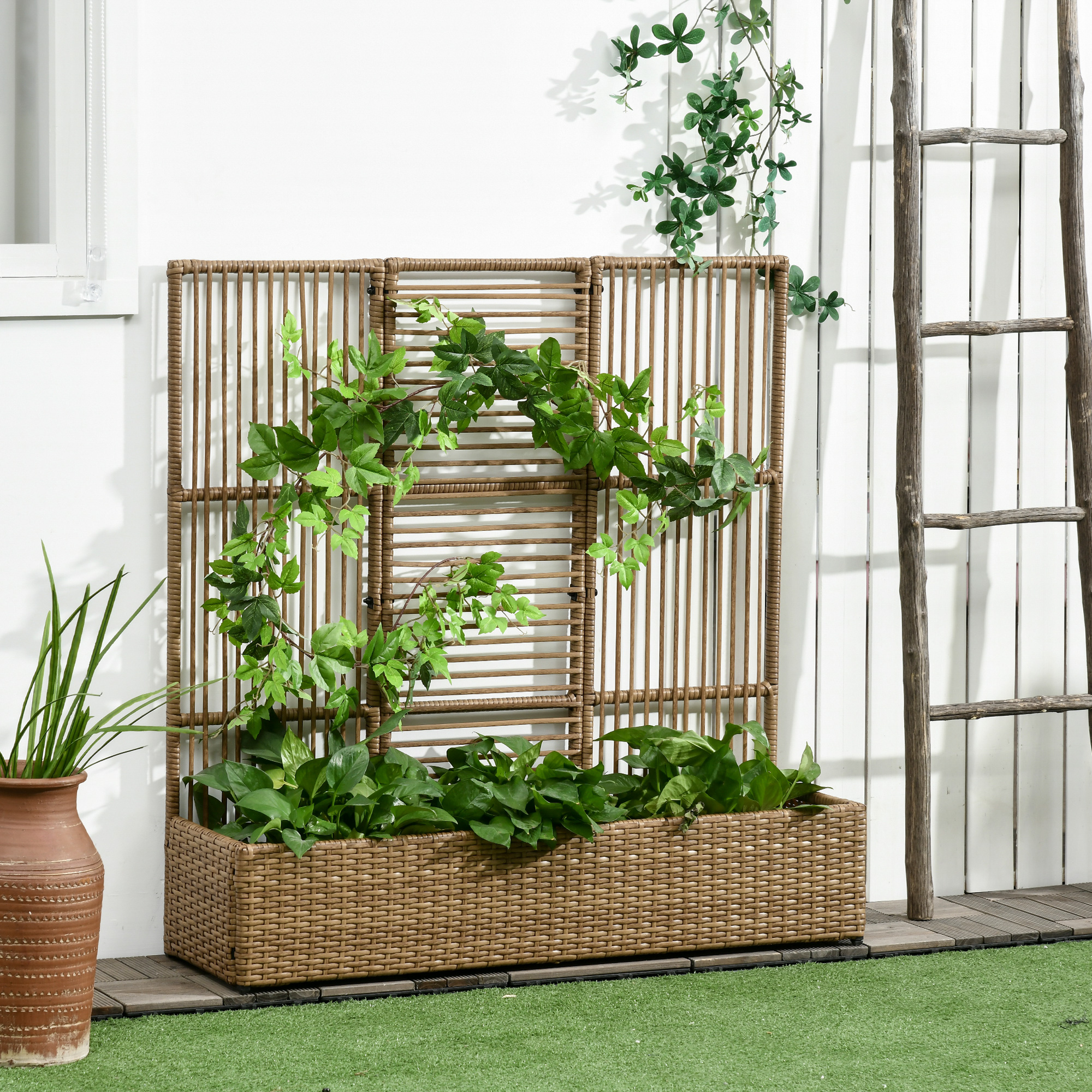 Outsunny Blumenkasten mit Spalier, wetterfest, Polyrattan, 103 x 103 x 29 cm, Sandfarbe