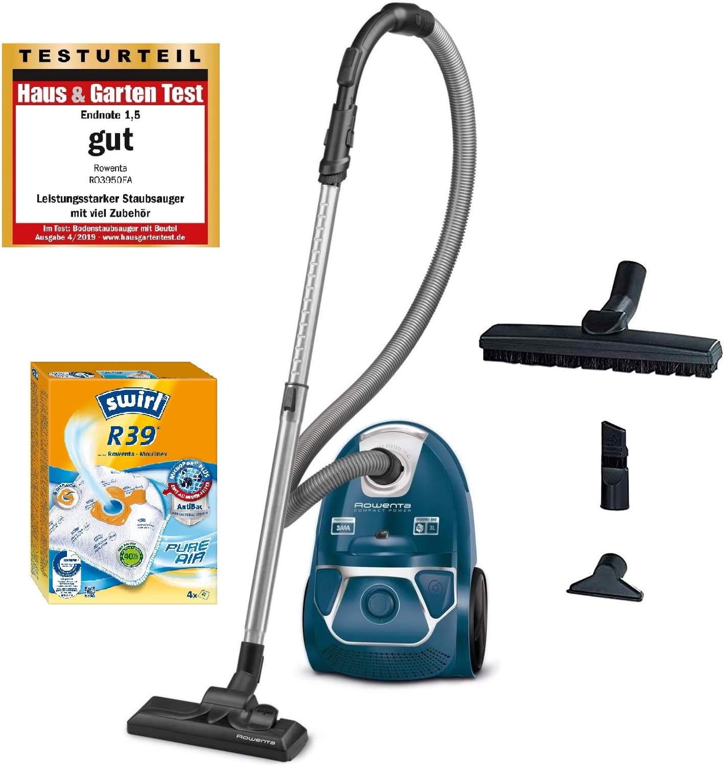 Rowenta RO3950 Staubsauger mit Beutel + 4er Pack Swirl R 39 Staubsaugerbeutel für Dauerhaft hohe Saugleistung, 3L Beutelvolumen, 750 W = 2000W, extrem leise, Hygienefilter, mit Parkettdüse