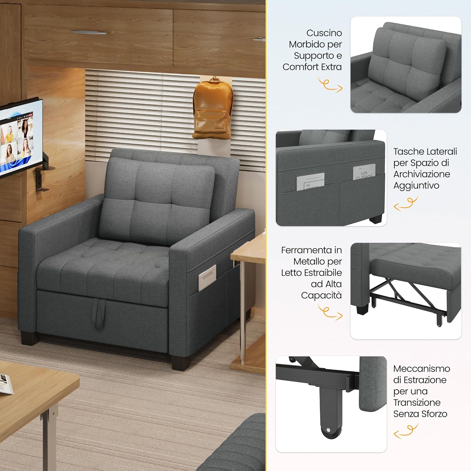 Yaheetech Divano Letto 3 in 1 Imbottito Divanetto Singolo con Schienale Regolabile Divano a 1 Posto per Soggiorno Camera da Letto Poltrona Pieghevole Ufficio Appartamento Grigio Chiaro