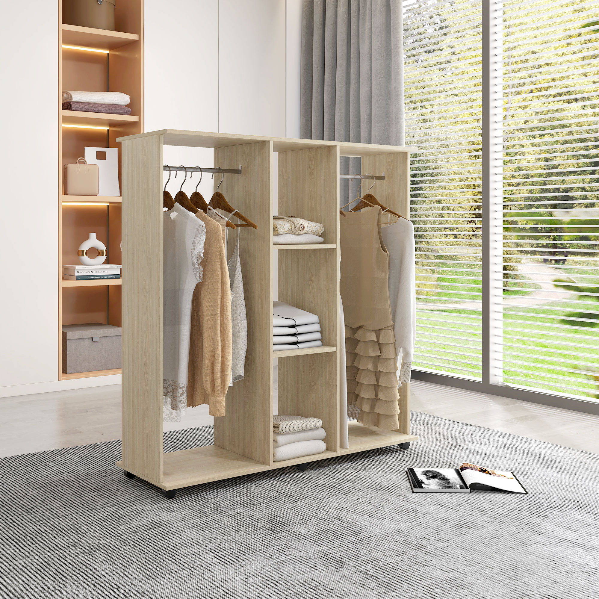 HOMCOM Schrankgarderobe Mobiler Aufbewahrungsschrank 6 Rollen 120L x 40B x 128H cm aus Naturholz