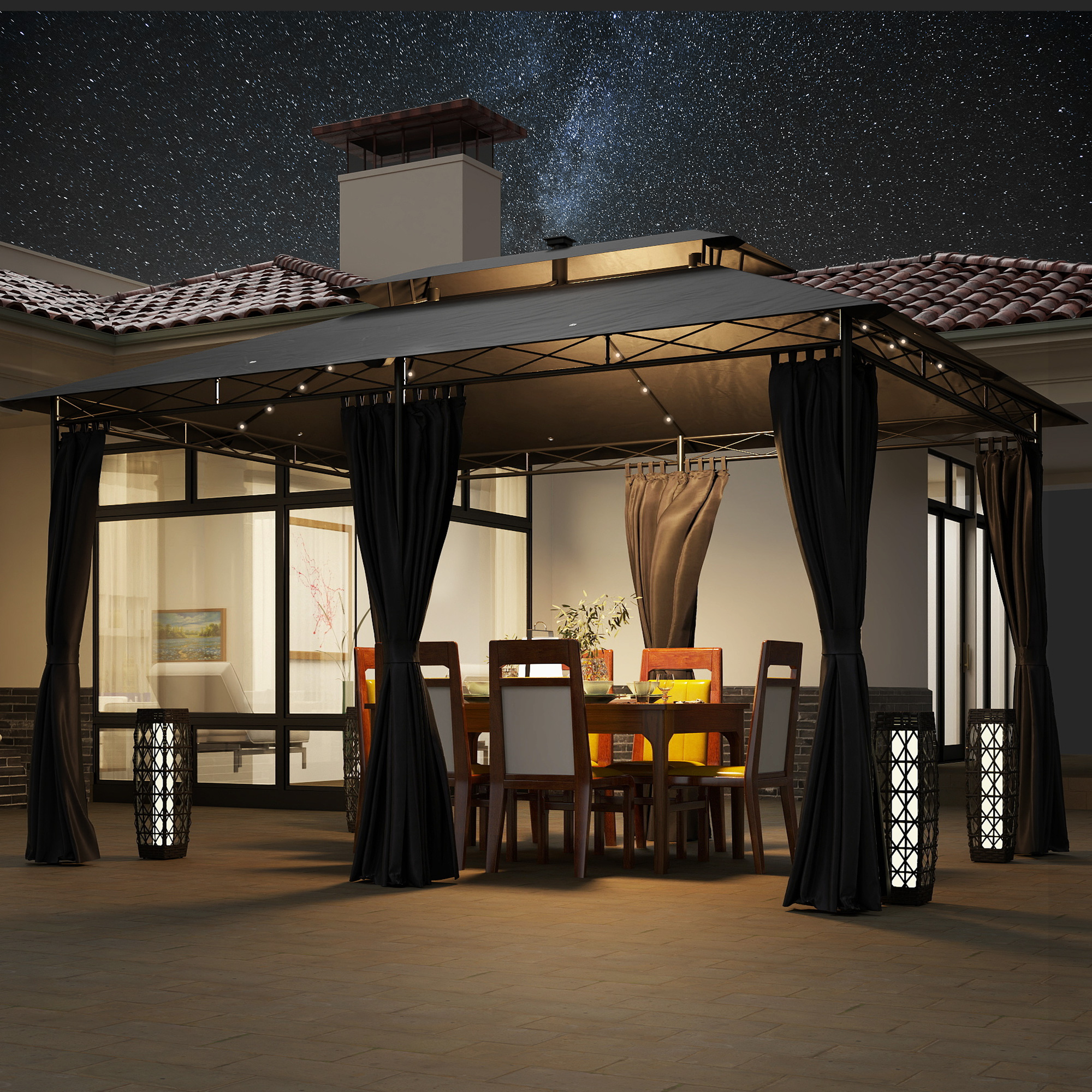 Outsunny 3 x 4 m Garten-Pavillon, Gartenzelt mit Seitenwänden und Solar-LED-Lichtern, Stahlrahmen, Terrassenzelt, Dunkelgrau