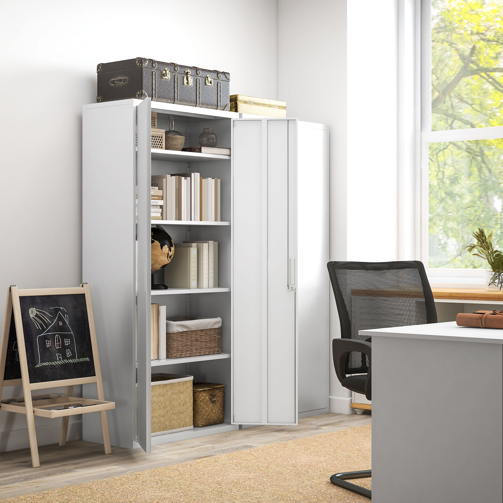 HOMCOM Aktenschrank, Büroschrank, 5 Regale, Metall, 80B x 40T x 180H cm, Weiß