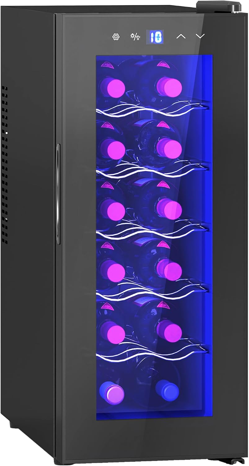HOMCOM Refrigerated Wine Cellar, 12 Bottles, 34 L, Monotemperature Wine Cellar 8-18 ° C Wine Cellar with Anti-UV Glass, Thermoelectric, Adjustable Shelves, Touch Display, LED Lights, Class E, Black