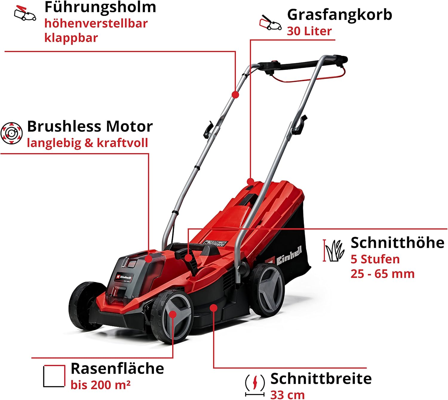 Einhell Akku-Rasenmher GE-CM 18/33 Li-Solo Power X-Change (18 V, 33 cm Schnittbreite, bis 200 m, Brushless, 30L Grasfangkorb, 25-65 mm Schnitthhe, ohne Akku)