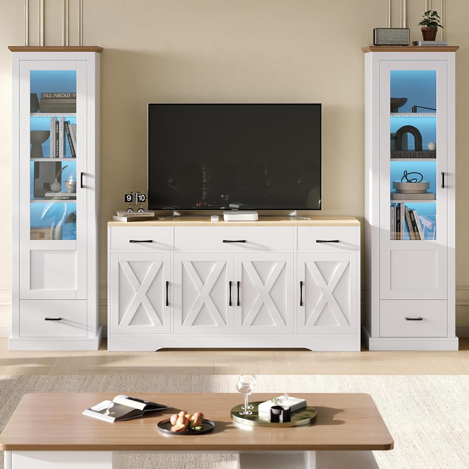 Set soggiorno Combo, due moderne vetrine a LED bianco opaco, una moderna credenza bianca per sala da pranzo multifunzionale armadio in legno soggiorno sala da pranzo armadio credenza bianca