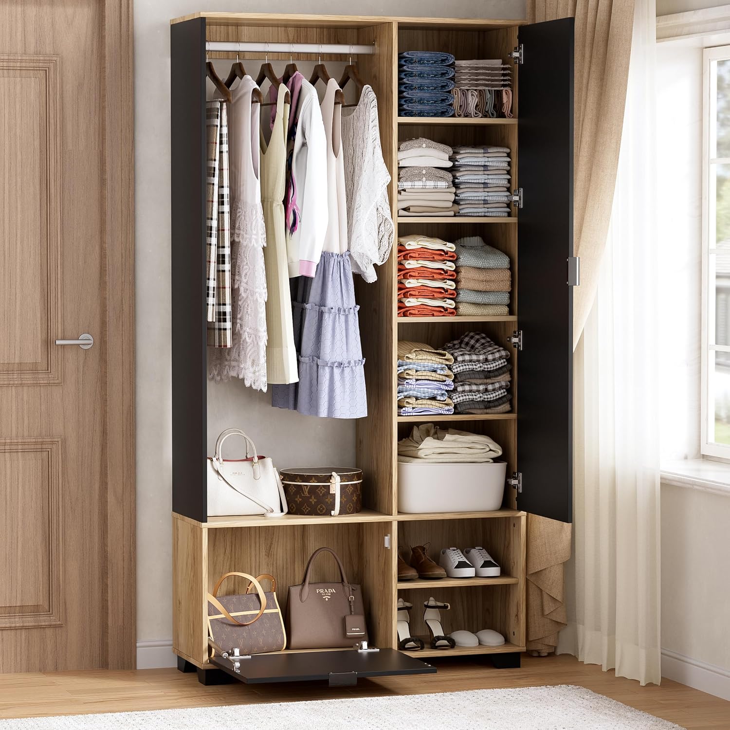 MSFE Entrance Wardrobe with 144 cm Mirror, Compact Wardrobe with Clothes Rail, Shoe Rack and Compartments, Wardrobe Set, Entrance Cabinet with Mirror, 100 x 33 x 190 H cm