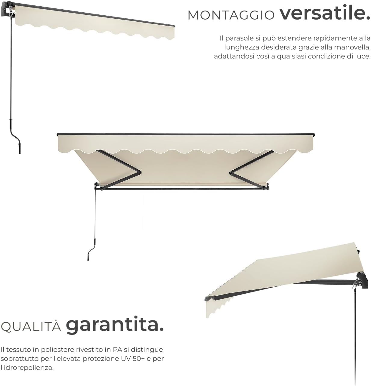 tectake®, Outdoor Awning with Extendable Arms, Roller Blind, Crank, Waterproof, UV Protection, Polyester Fabric, Aluminium Frame, Porch, Balcony, Terrace - 300 x 250 cm Beige