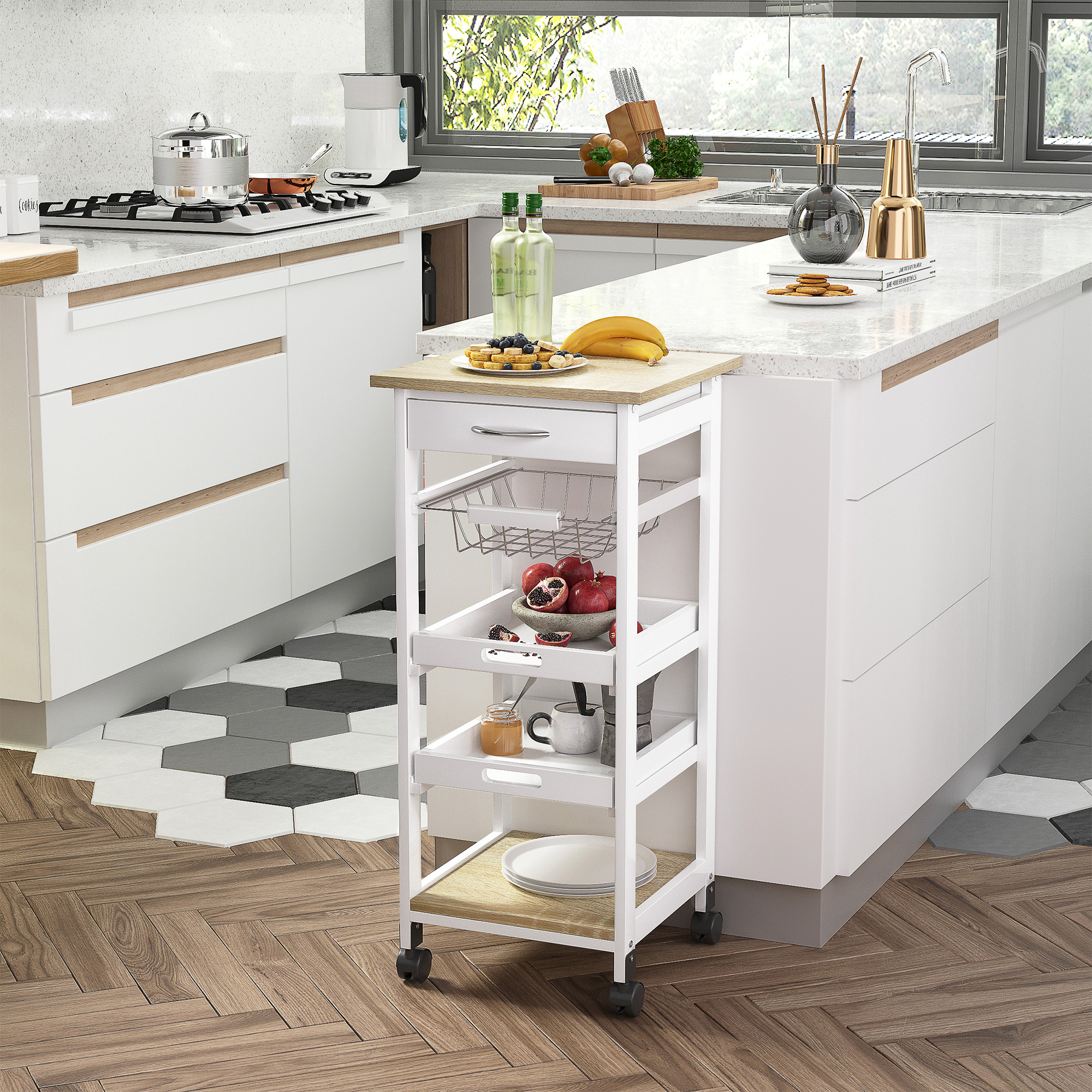 HOMCOM Küchenwagen, Servierwagen mit Schublade und abnehmbarem Tablett Küchenrollwagen, Rollwagen mit Arbeitsplatte, Kieferholz, Weiß, 37 x 37 x 82 cm