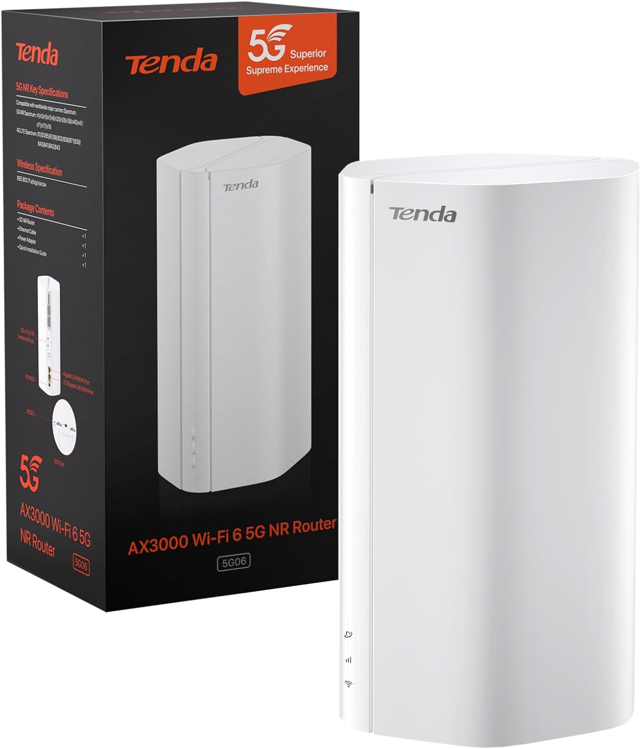 Tenda 5G06 - Router 5G con SIM Wi-Fi 6 AX3000Mbps, Modem 5G con Soppio Slot per Scheda SIM, Porte Gigabit 2.5G, Plug & Play, 1024-QAM, 8×5G/4G LTE, 3×Antenne Wi-Fi Interne, Mesh WiFi+, WPA3