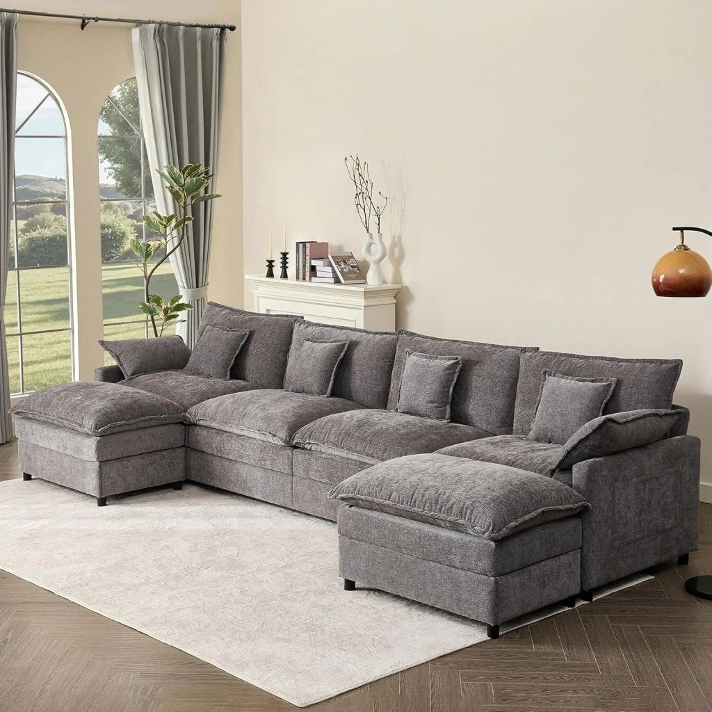 108 Inch U Shape Sofa, Sectional Sofa, Comfortable Cloud Sofa with Removable Footstool, Living Room Deep Seat Sofa, Linen, Beige