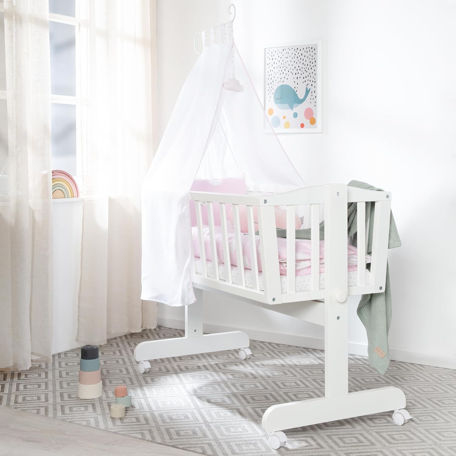 roba Culla e lettino Kleine Wolke - Design a Nuvola - 40 x 90 cm - in Legno - Set da Letto Completo di Chiusura e Arredo Tessile - Bianco/Rosa