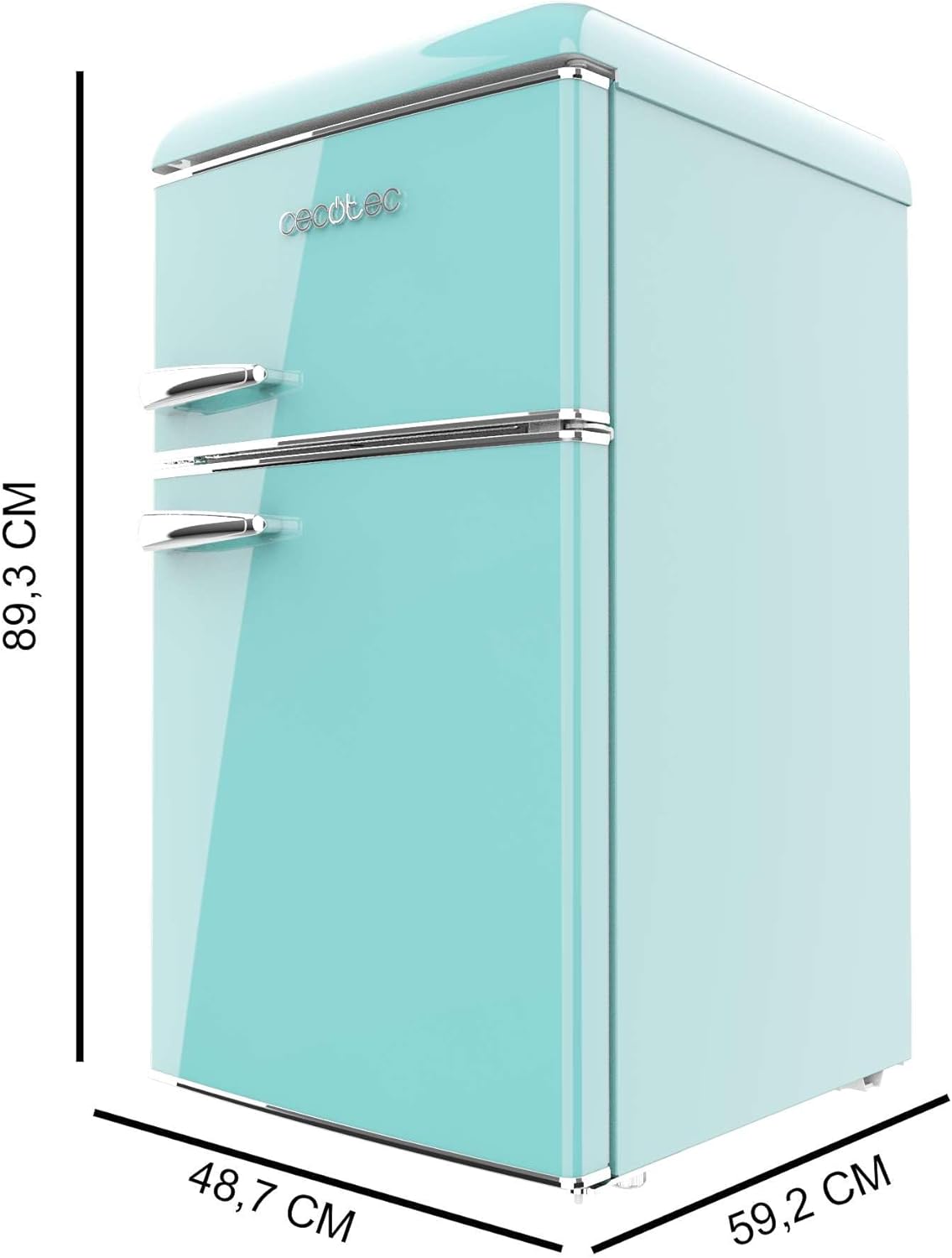 Cecotec Nevera Pequeña Frigorífico 2 Puertas Retro 86L Bolero CoolMarket 2D Origin 86 Green E. 89,3cm de Alto y 48,7cm de Ancho, Clase Energética E, Icebox, Luz Interior y Tirador Cromado, Verde