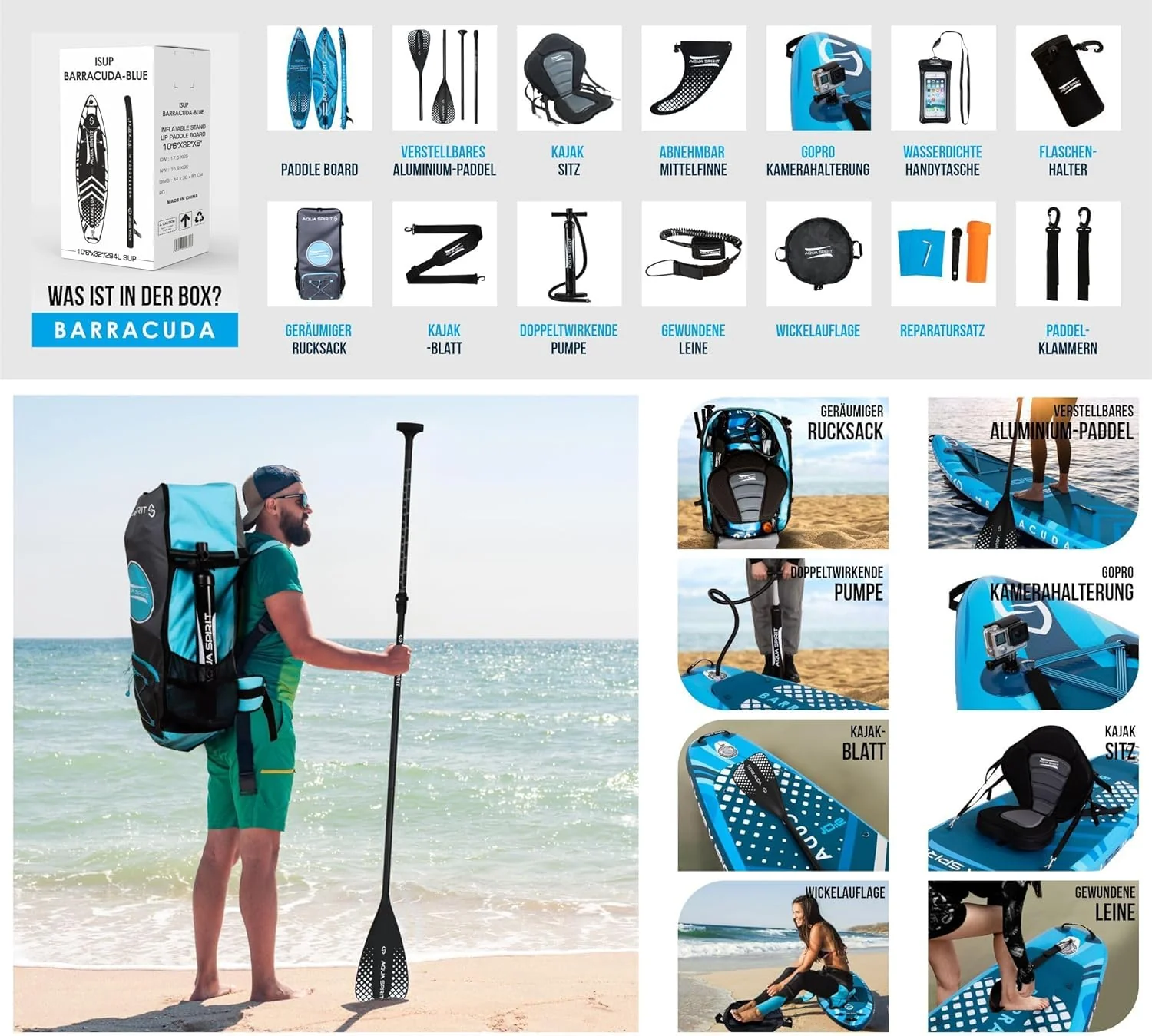 2025 Aqua Spirit Opblaasbaar SUP Paddleboard / Kajak Peddel | 320x81x15 cm | Set met Peddel, Zitje, Rugzak, Pomp en Meer Accessoires | Volwassenen Beginners/Experts (Blauw)