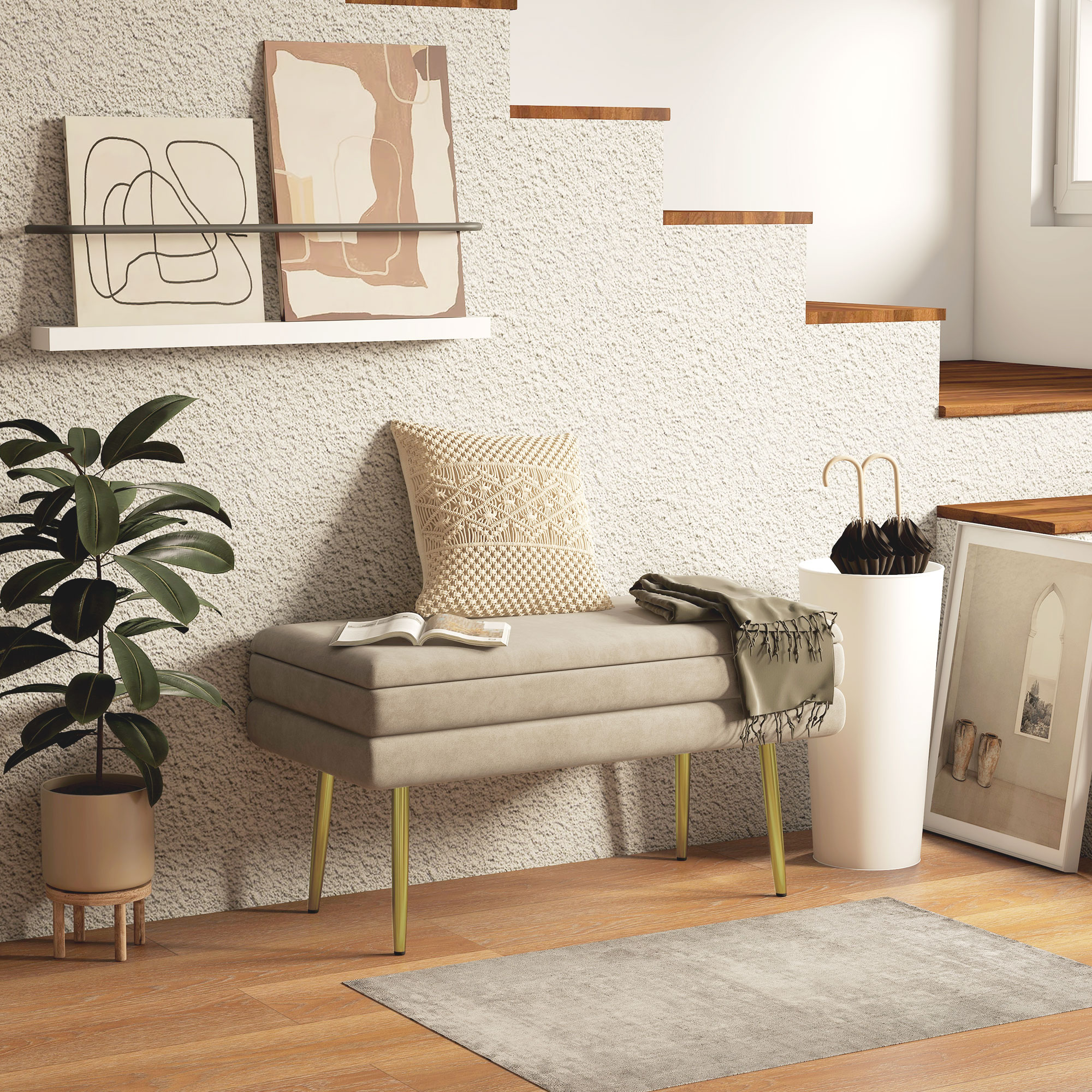 HOMCOM Sitzbank Polsterbank, mit Stauraum, Stahl, 79,5 cm x 37,5 cm x 43 cm, Beige