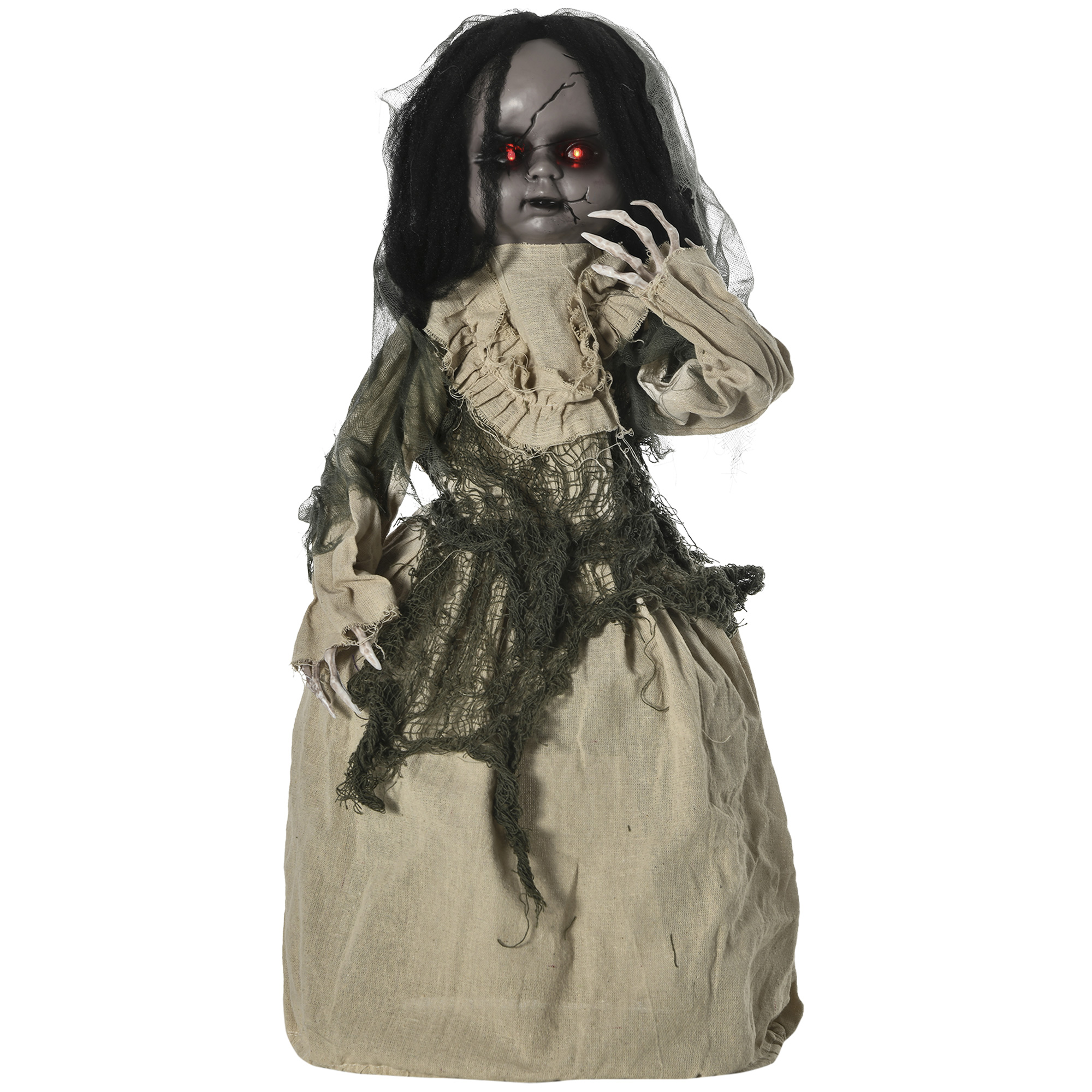 Outsunny Halloween-decoratie van 83 cm Bewegende spookpop met speciale effecten en geluidsfunctie, rode ogen met kroonluchters, gemotoriseerde wielen, horrorpop