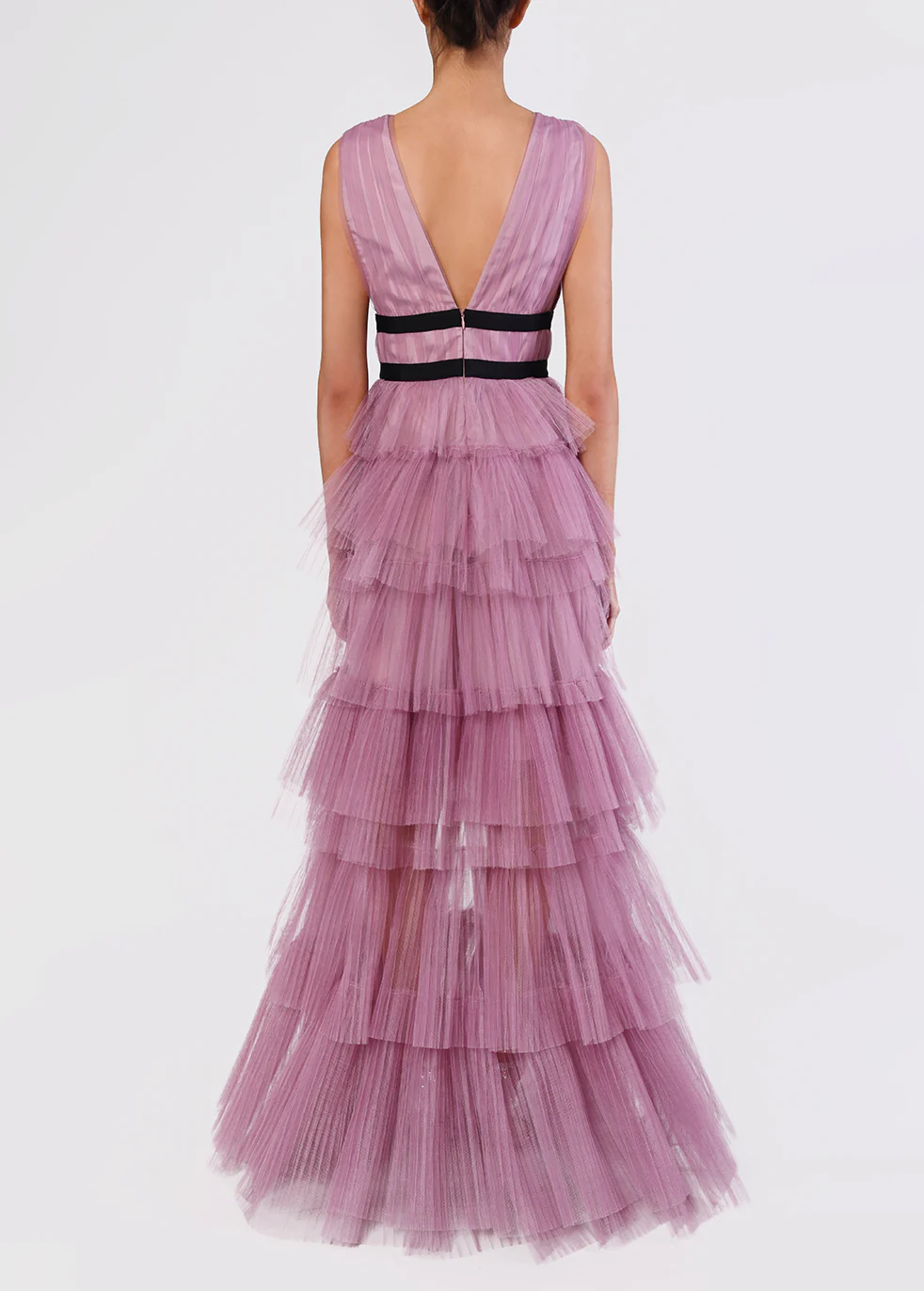 Eliza Dark Pink Plunge Neck Layered Tulle Maxi Gown