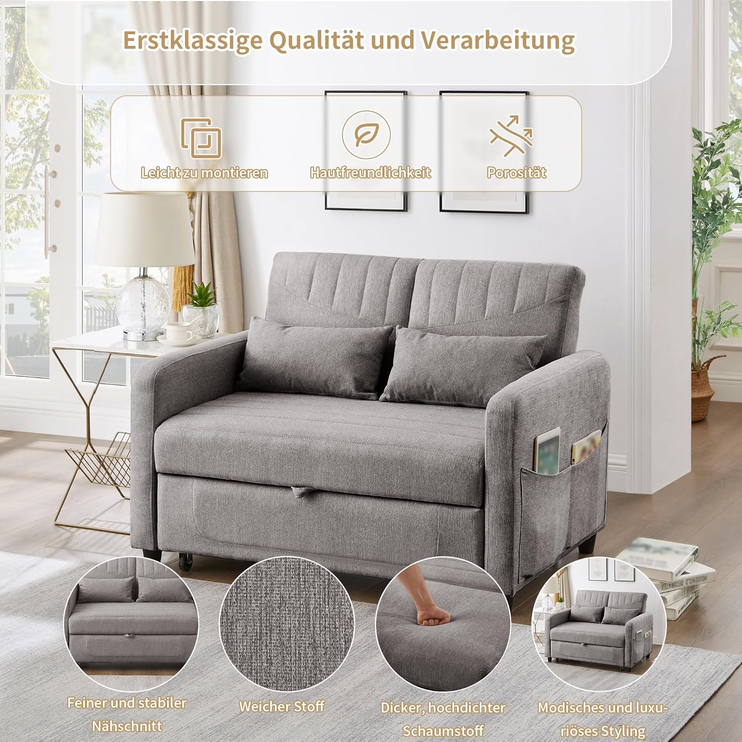 Divano letto con funzione letto Divano pieghevole a due posti, design estensibile, elegante e moderno, schienale regolabile a tre livelli, tessuto traspirante in cotone e lino (Grigio)