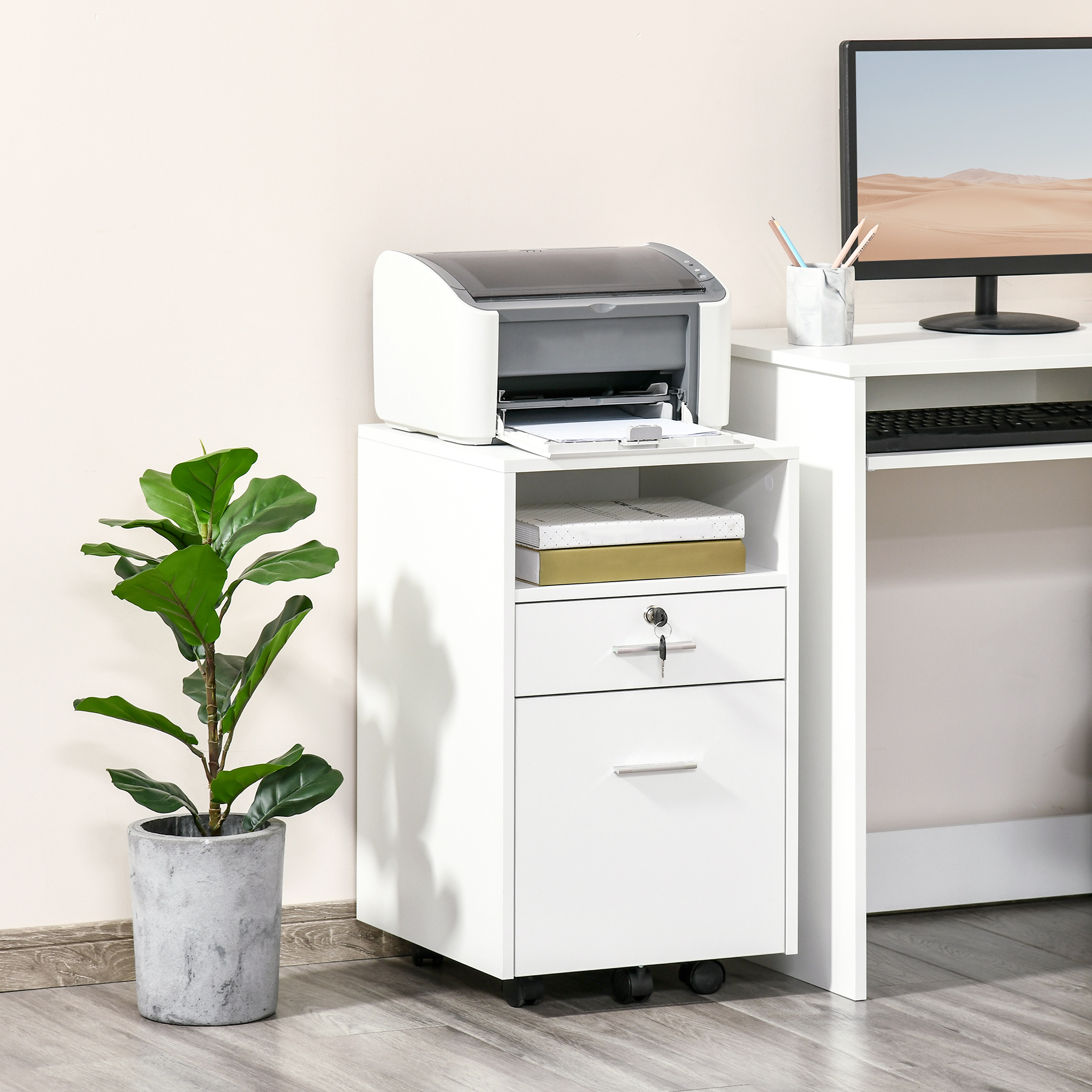 Vinsetto Büroschrank Rollcontainer, 2 Schubladen, eine Schublade abschließbar, 5 Rollen, Weiß, 39 x 40 x 65 cm