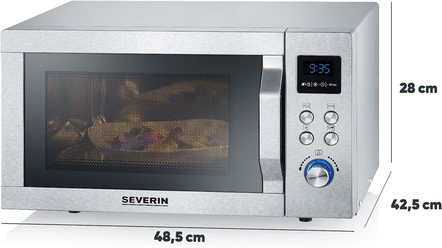 SEVERIN Mikrowelle mit Grill und Heißluftfunktion 3-in-1, zum Auftauen, Garen und Erhitzen, Mikrowelle mit Drehteller, Edelstahl-gebürstet/silber, MW 7774