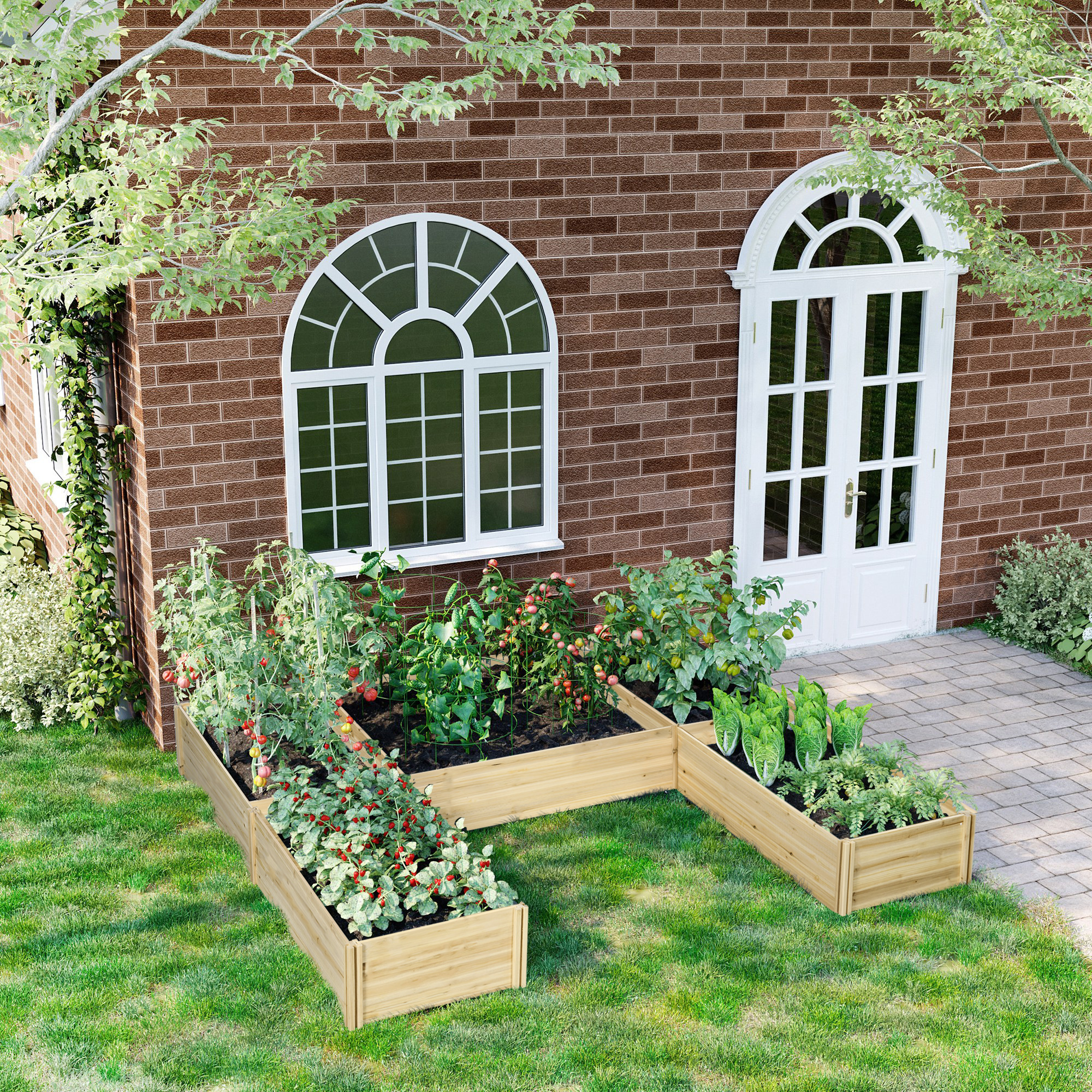 Outsunny Set mit 5 modularen Blumenbeeten aus Fichtenholz für den Außenbereich, Abm. 230L x 230B x 28H cm Naturholz