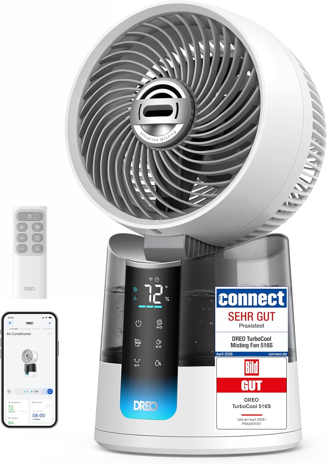 DREO TurboCool Nebelventilator 516S, Tischventilator mit 150°+30° Oszillation, Verdunstungskühler, 7.9 m/s, ultrafeiner Nebel, 20 dB leise, 6 Geschwindigkeiten, 2 Modi, App- & Fernbedienung, RGB, Weiß