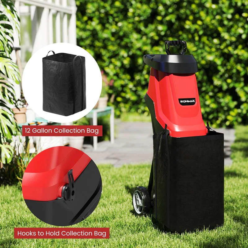15-Amp Electric Wood Chipper and Shredder, Corded Leaf Mulcher with 15:1 Reduction, Safety Lock, 1.77