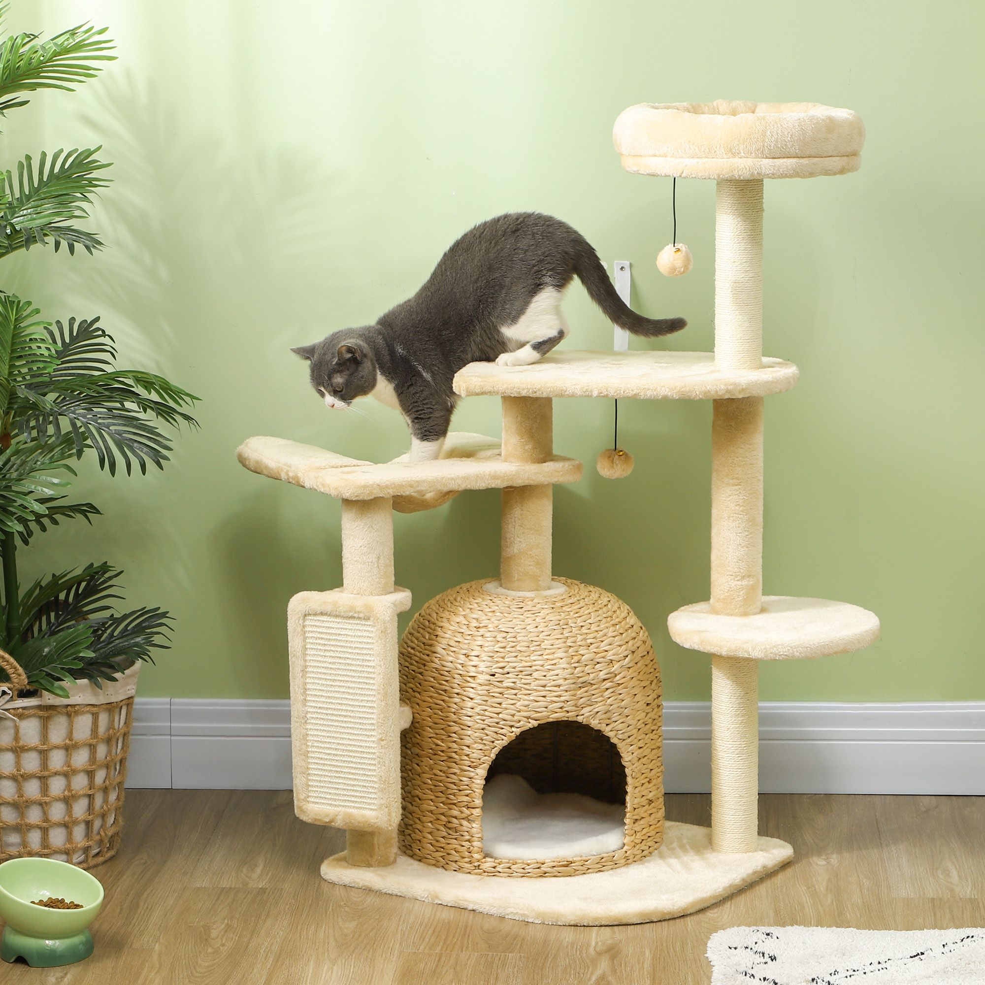 PawHut Kratzbaum mit Hängematte, Spielbällen, Plüsch, 56 x 48 x 112 cm, Beige/Cremeweiß
