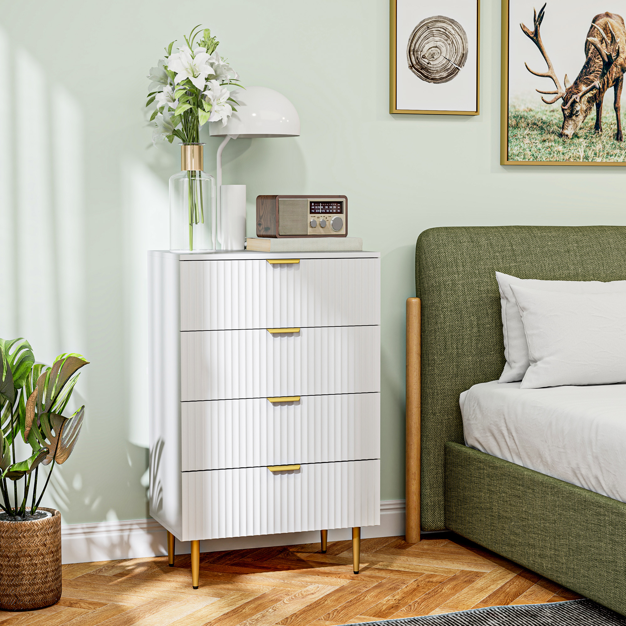 HOMCOM Kommode 4 Schubladen Schlafzimmerkommode moderne Aufbewahrungsmöbel mit Griffen und goldenen Füßen, Maße 60 x 40 x 96 cm, weiß