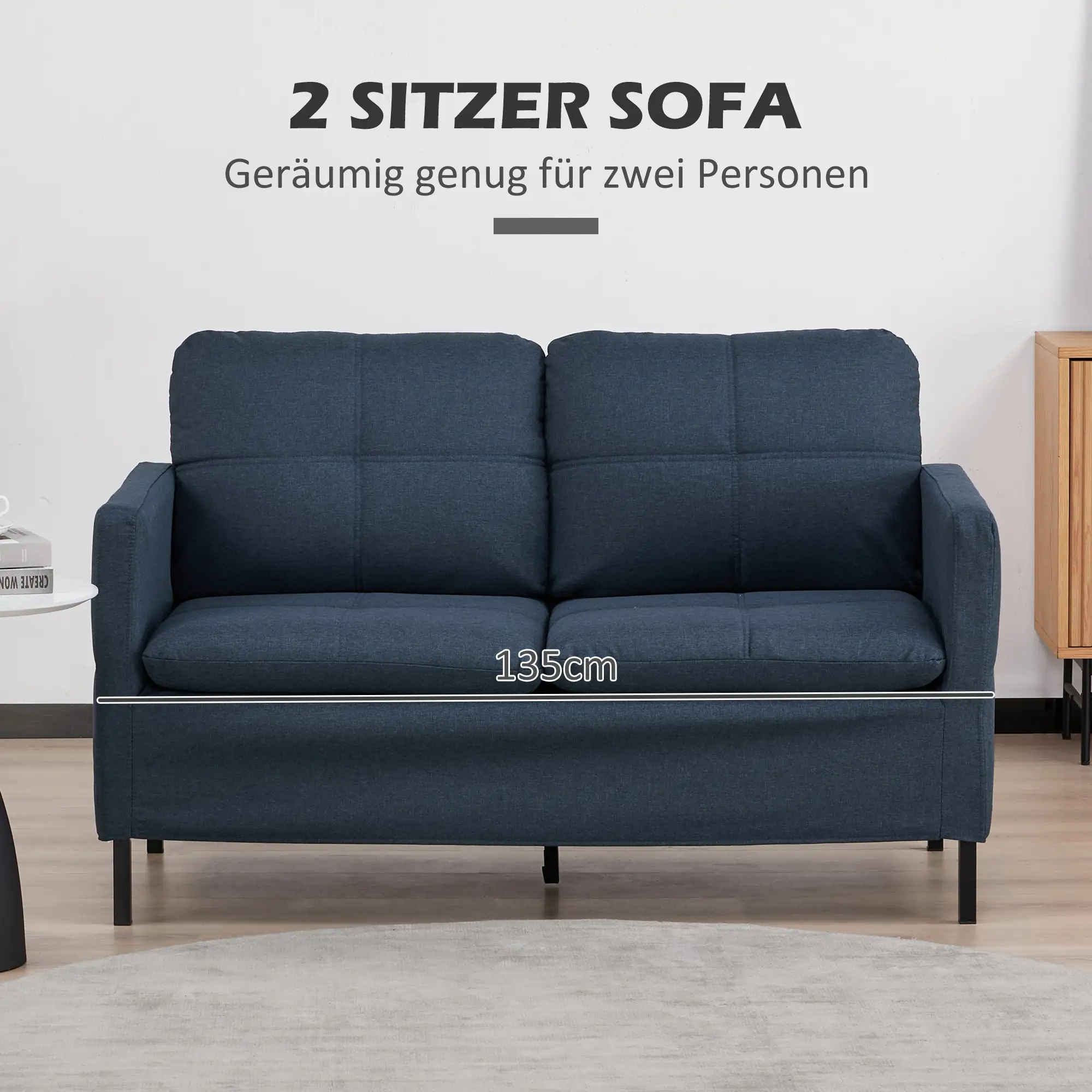 HOMCOM 2-Sitzer Sofa mit Leinenoptik & Stahlbeinen, Dunkelblau