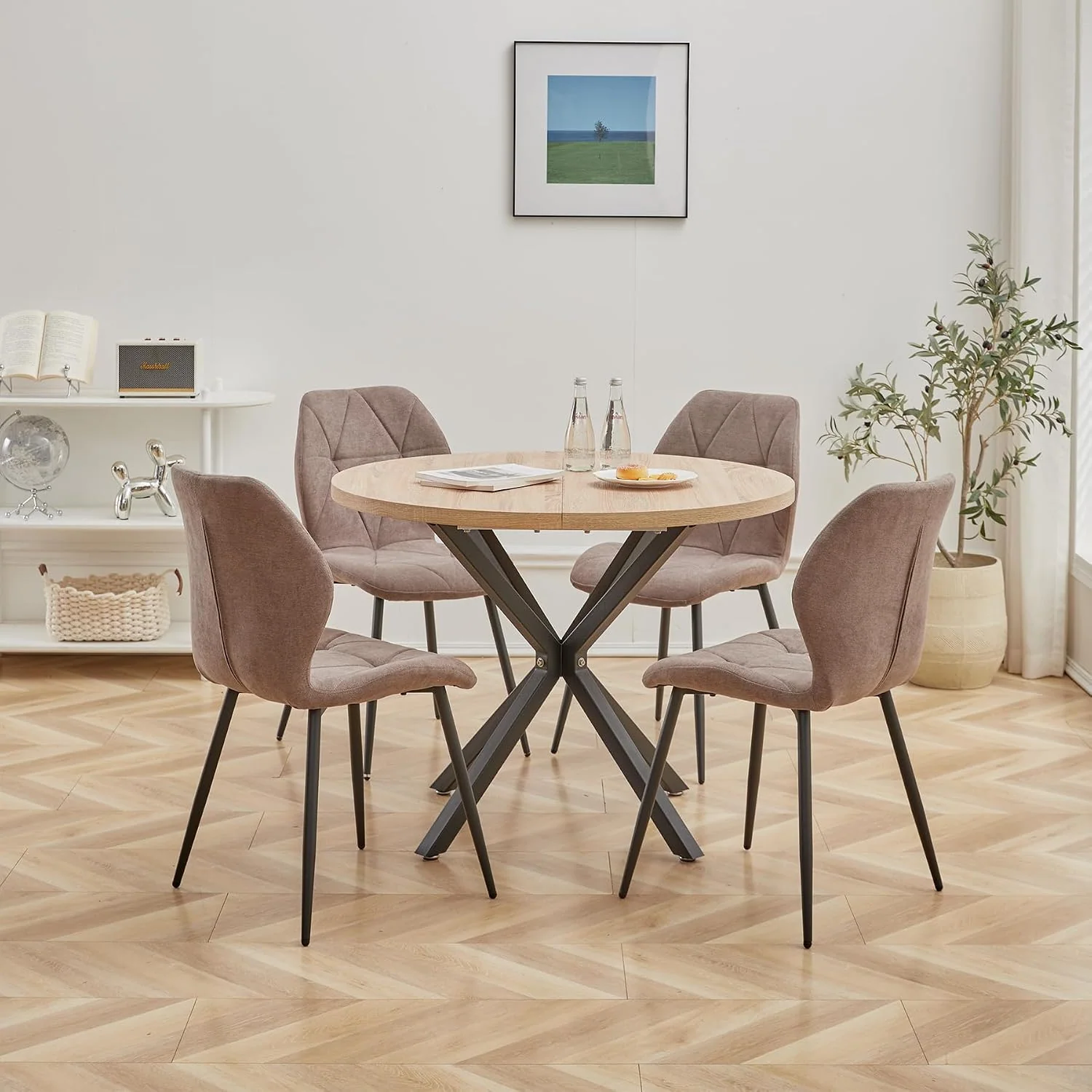 Essgruppe Set Tisch und Stühle, 100cm Runder Esstisch und 4 Leinen-Esszimmerstühle, 100 * 100 * 76.5cm
