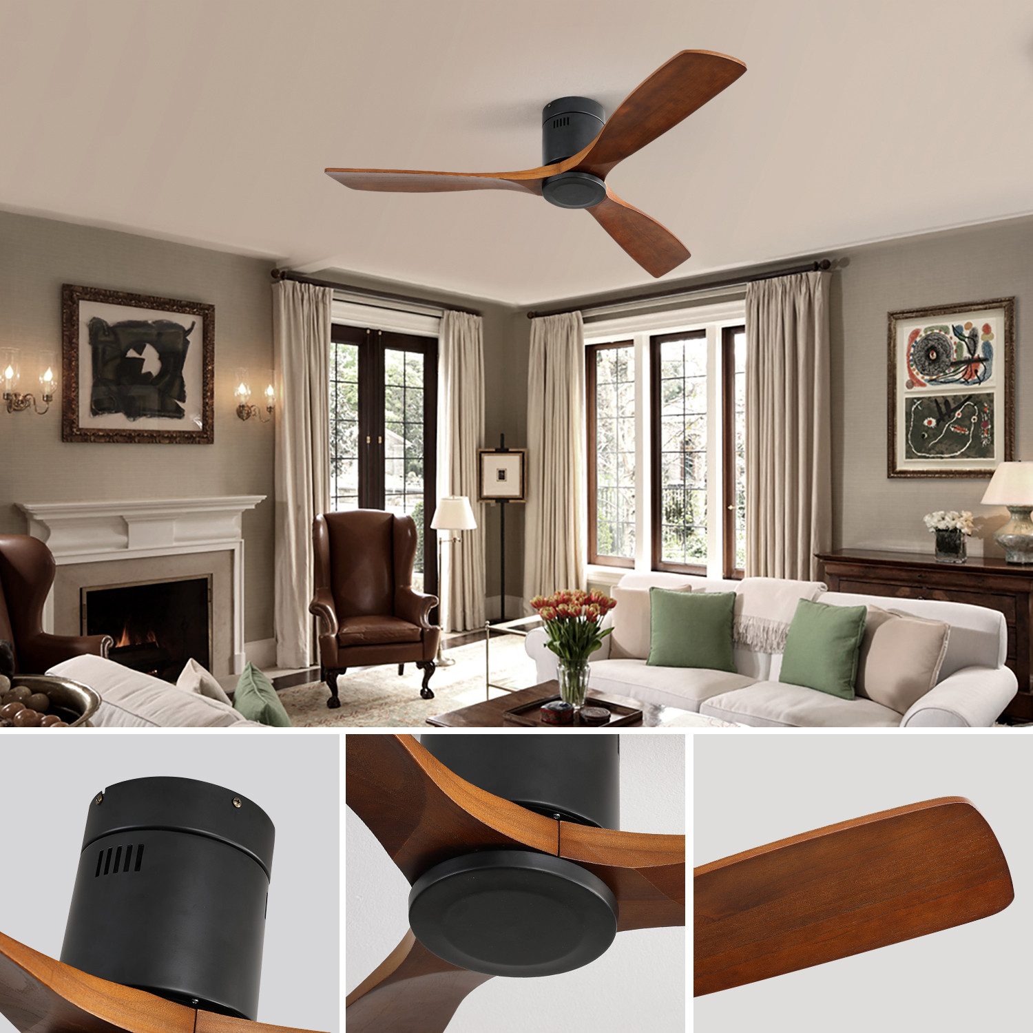 Deckenventilator 52 Zoll Deckenventilator mit 3 Holz Flügeln und Fernbedienung, Leise