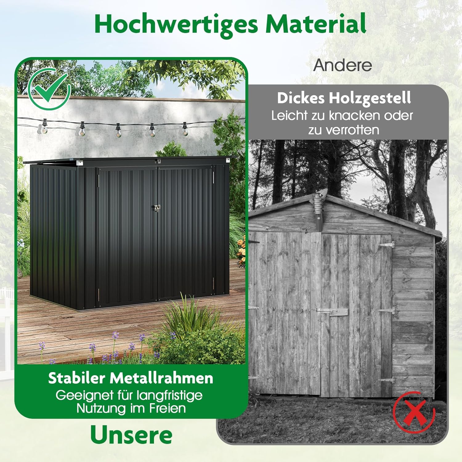 GOPLUS Gerätehaus Metall 1,5 m², Geräteschuppen mit Klappdeckel & 2 Türen, Mülltonnenbox Müllhaus für 2 Mülltonnen, Gartenschuppen Gartengerätehaus für Farm, Terrasse, 172 x 101 x 130 cm (Dunkelgrau)