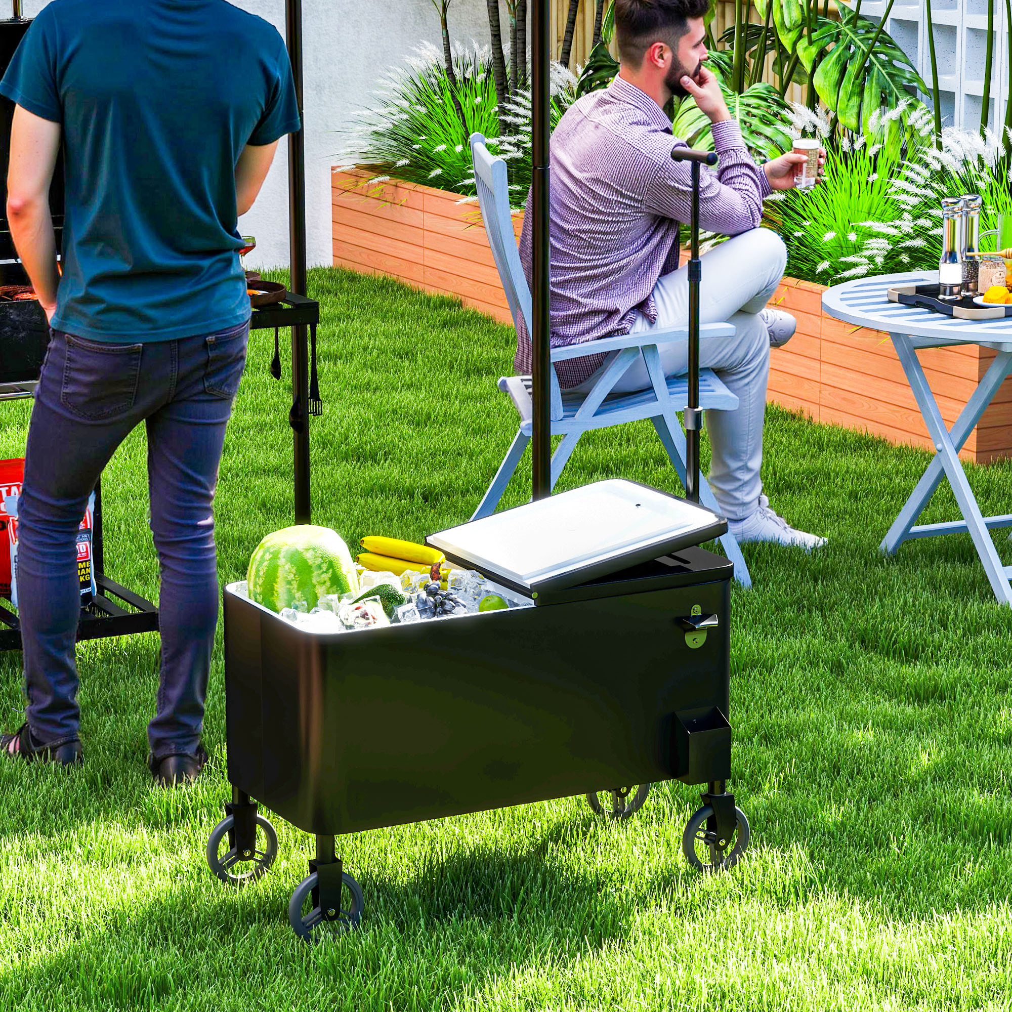 Outsunny 76L Kühlwagen Servierwagen mit Rädern Flaschenöffner Deckel Griffe Fahrbare Kühlbox Schwarz
