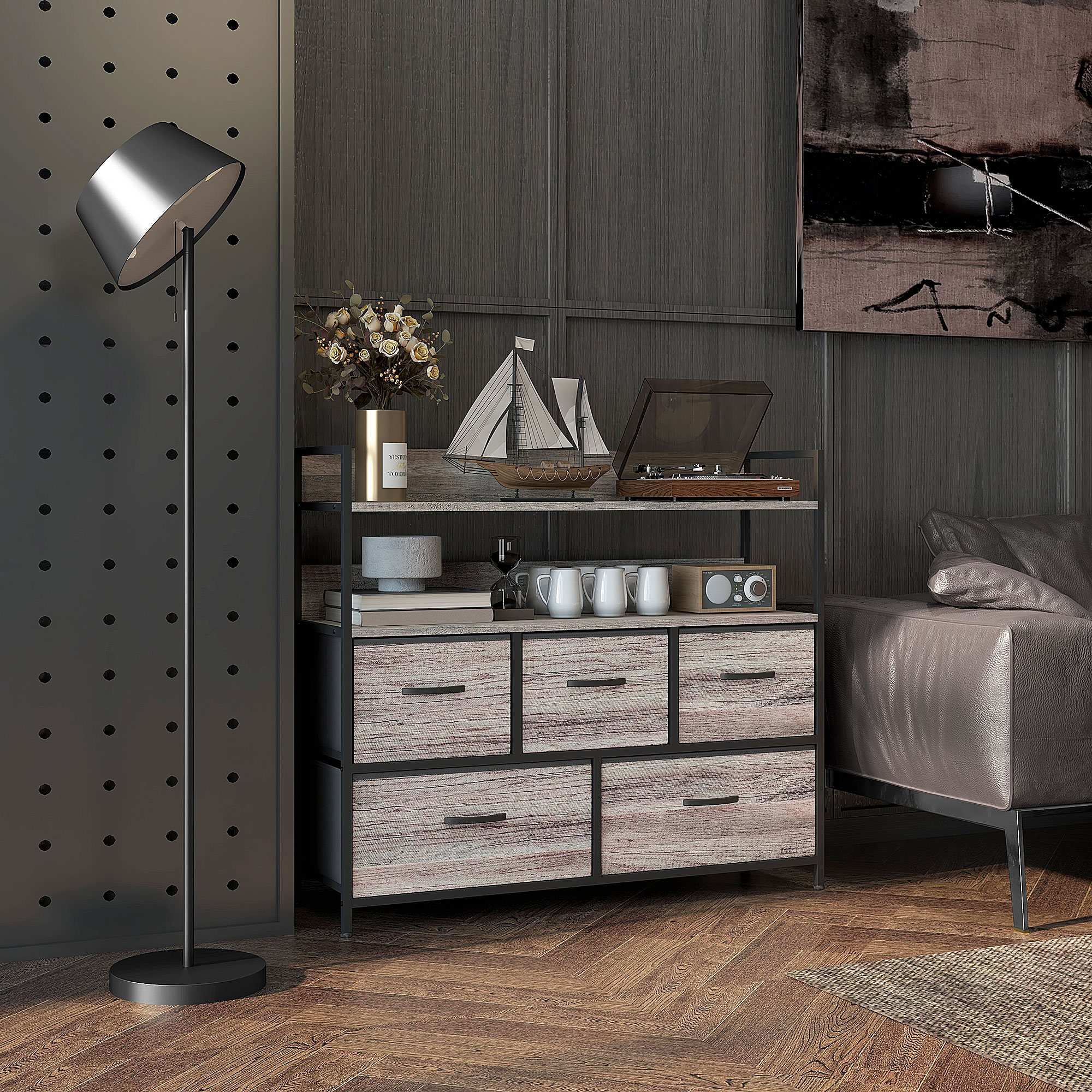 HOMCOM Stoff-Kommode, 5 faltbare Schubladen, 2 Regale, Stahlrahmen, 98 x 29 x 85 cm, Grau