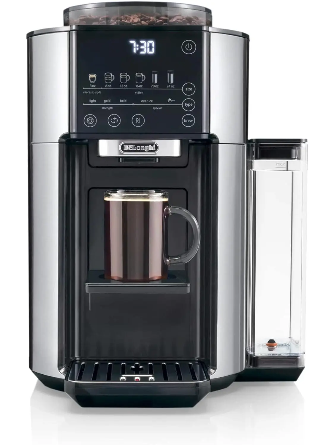 De&rsquo;Longhi TrueBrew Drip Coffee Maker with Built in Grinder, Programmable, 6 Brew Sizes, 5 Styles, Stainless Steel, Silver Black