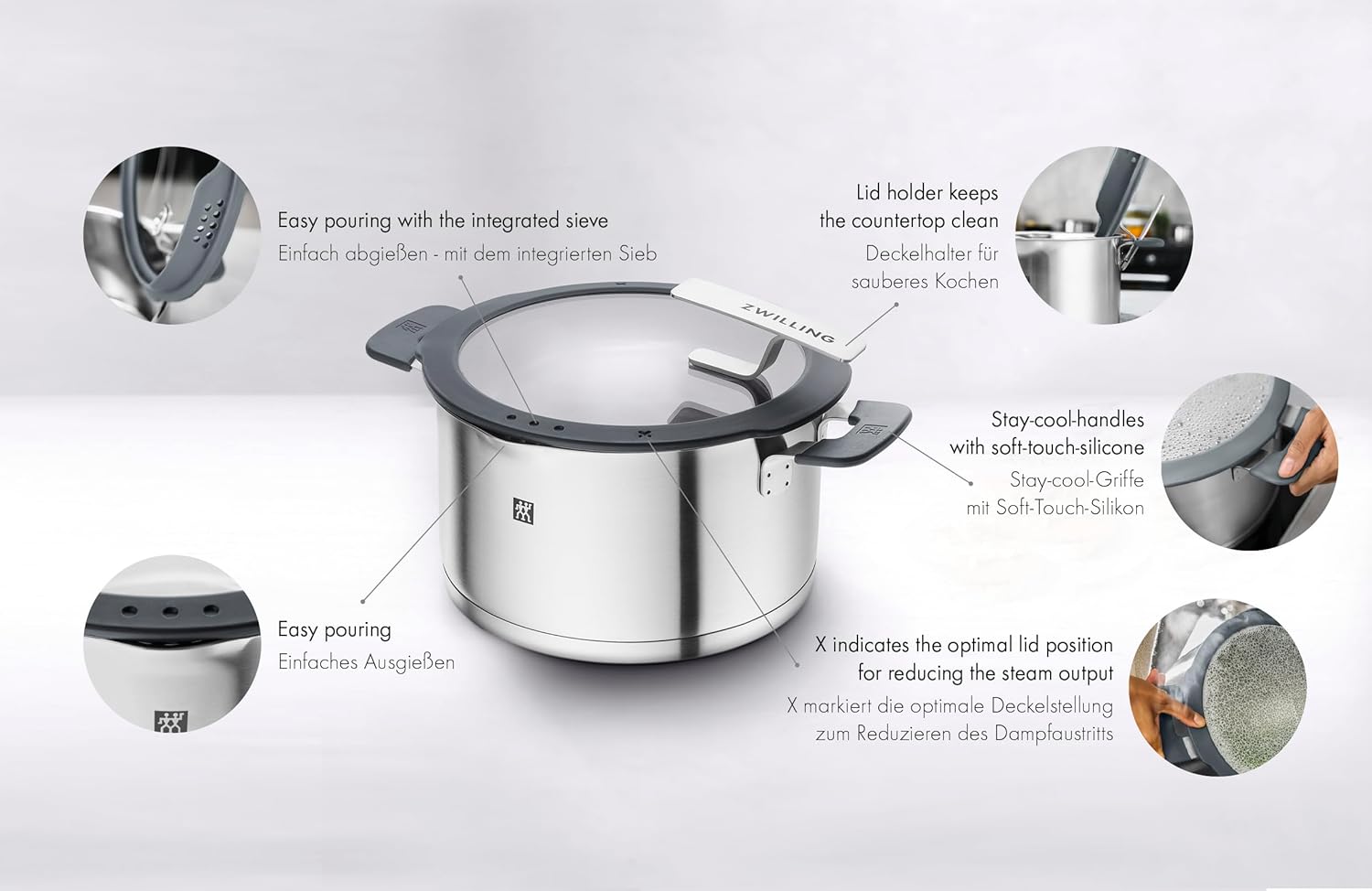 ZWILLING Simplify Kochtopf-Set 5-teilig, Mit Ausgießfunktion, Stay-Cool-Griffe, Induktionsgeeignet, Edelstahl, Silber