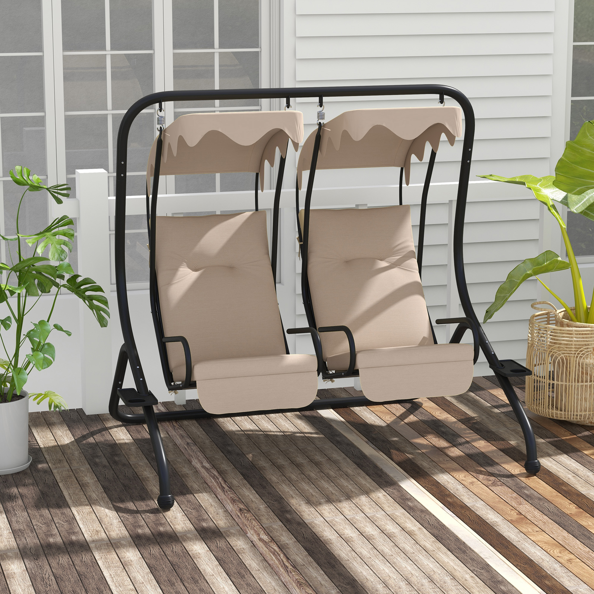 Outsunny Hollywoodschaukel Gartenschaukel, wetterbeständig,2 getrennte Size, 2 Getränkehalter, 170 cm x 136 cm x 170 cm, Beige