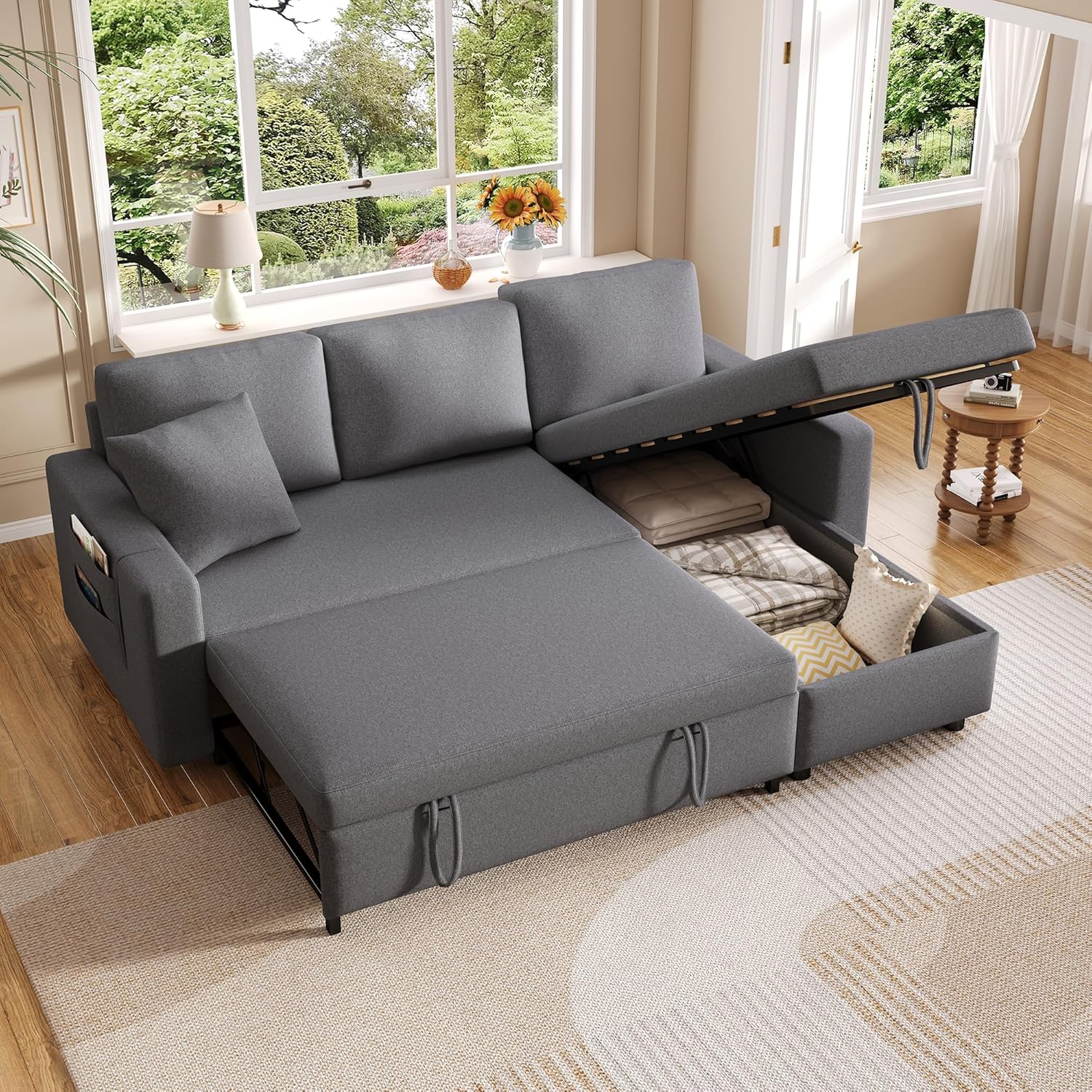 Bladez Divano letto a forma di L con vano portaoggetti intercambiabile Chaise Longue moderno divano ad angolo soggiorno, divano in cotone e lino, divano letto estraibile (grigio B, 3 posti)