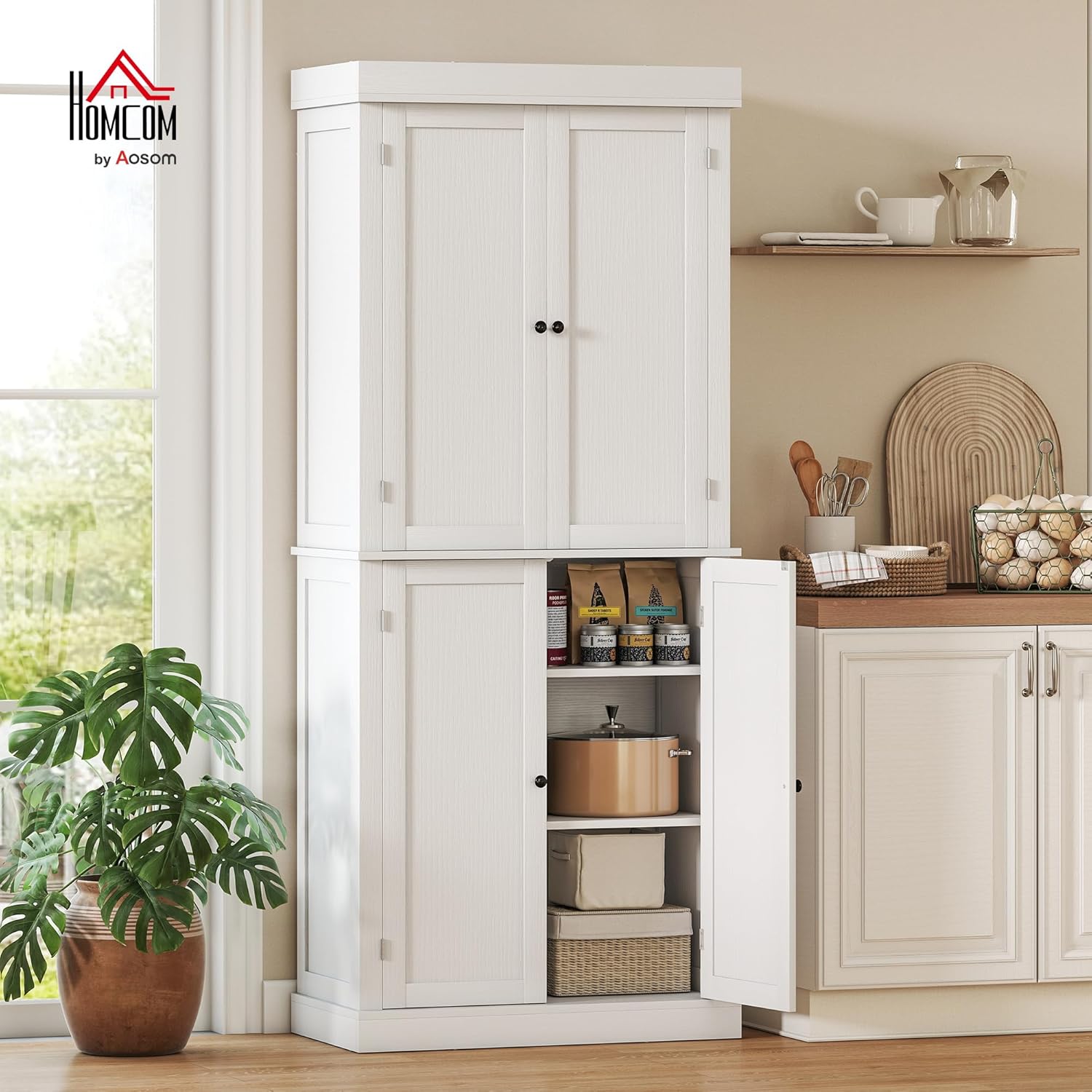 HOMCOM Mobile Cucina Alto con 6 Ripiani e 2 Ante, Armadio Dispensa con Ripiani Regolabili in Legno, 76x40.5x184 cm, Bianco