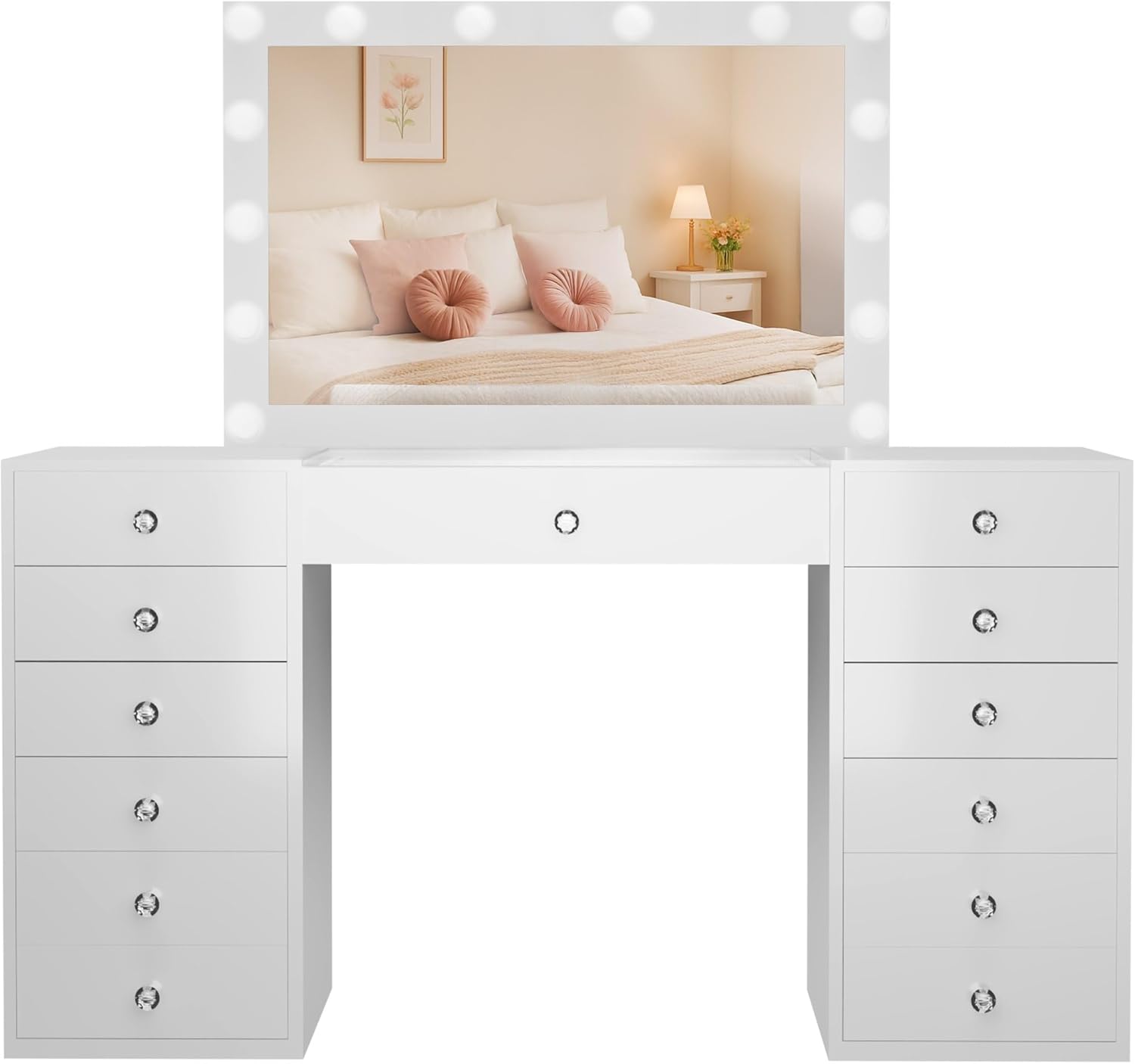 CLP Atalla Makeup Table with Lighting and Mirror, 100 x 80 cm, Hollywood LED Mirror with 3 Light Shades, USB-A and USB-C Sockets, Colour: White