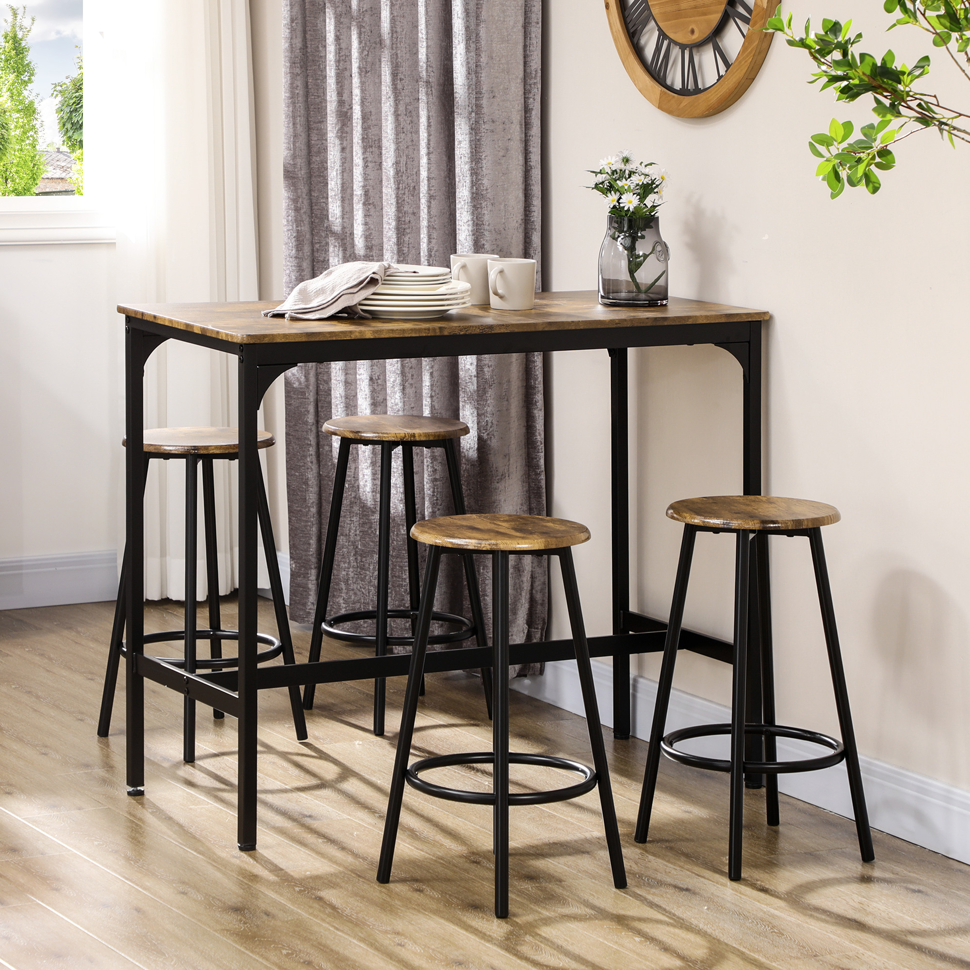 HOMCOM 5-tlg. Bartisch-Set im Industriedesign, 1 Bartisch, 4 Barhocker, Sitzgruppe, Küchentresen, Schwarz + Braun