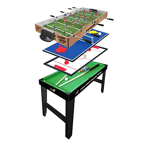 Sport1 Maxi Supertable calcetto multigioco 4 in 1. Calcetto balilla misure 122x60x81,5cm. Bigliardino da casa multiuso: calcetto 4 vs 4, ping pong, hockey, biliardo. Completo di accessori. Idea regalo : Giochi e giocattoli