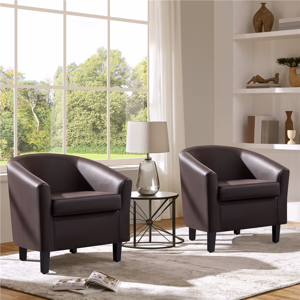 Renwick Faux Leather Barrel Accent Chair for Living Room, Set of 2, Black
