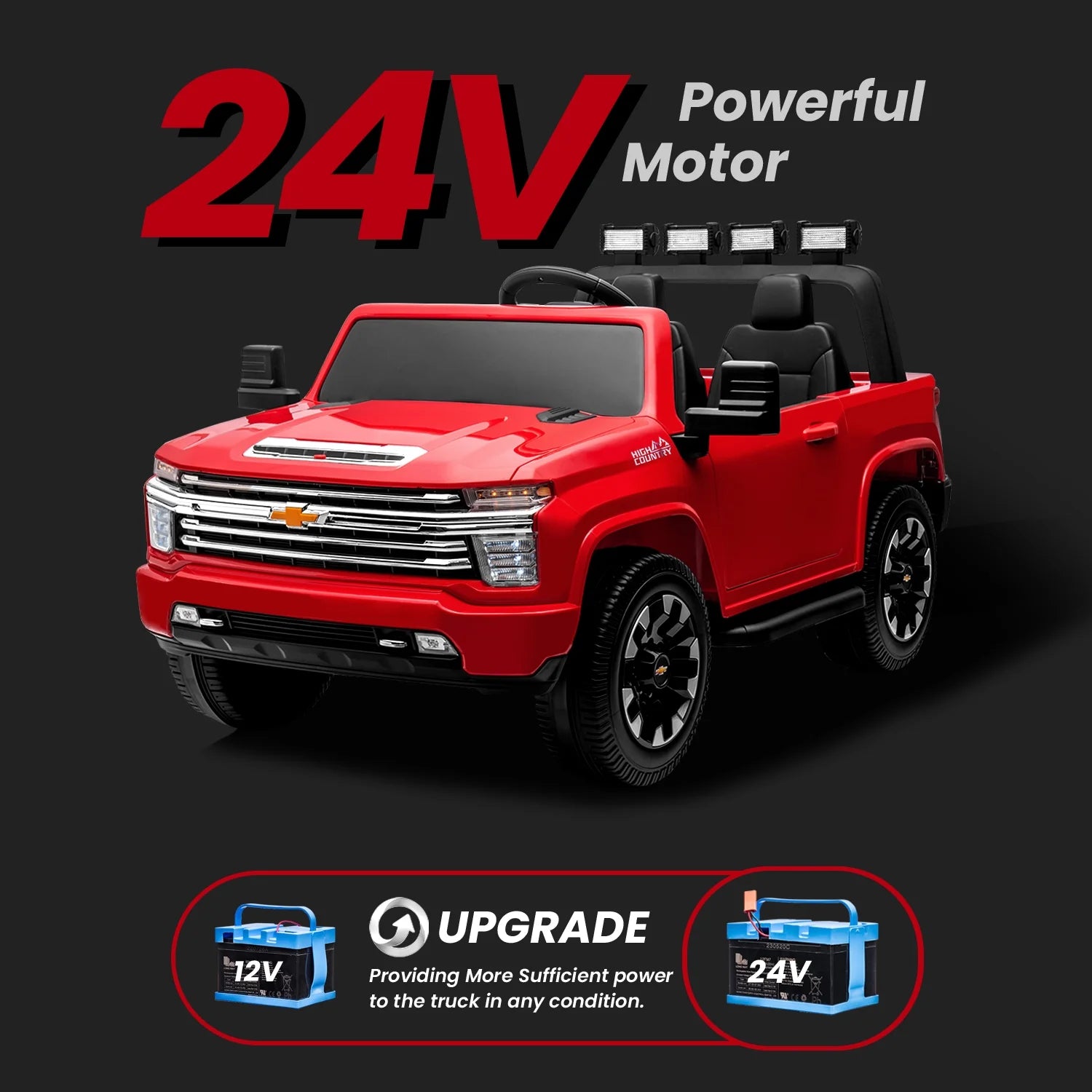 Track 7 Coche Eléctrico de 24V para Niños, Camioneta Silverado HD Licenciada para 2 Pasajeros, Control Remoto, Música, ABC, Rojo
