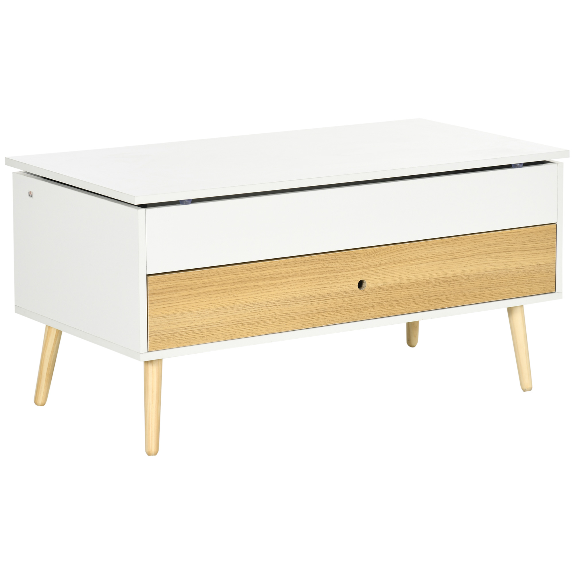 HOMCOM Rechteckiger Couchtisch mit klappbarem Tablett 1 Schublade und Truhe aus Holz dim. 100L x 50B x 49H cm helles Holz und Weiß
