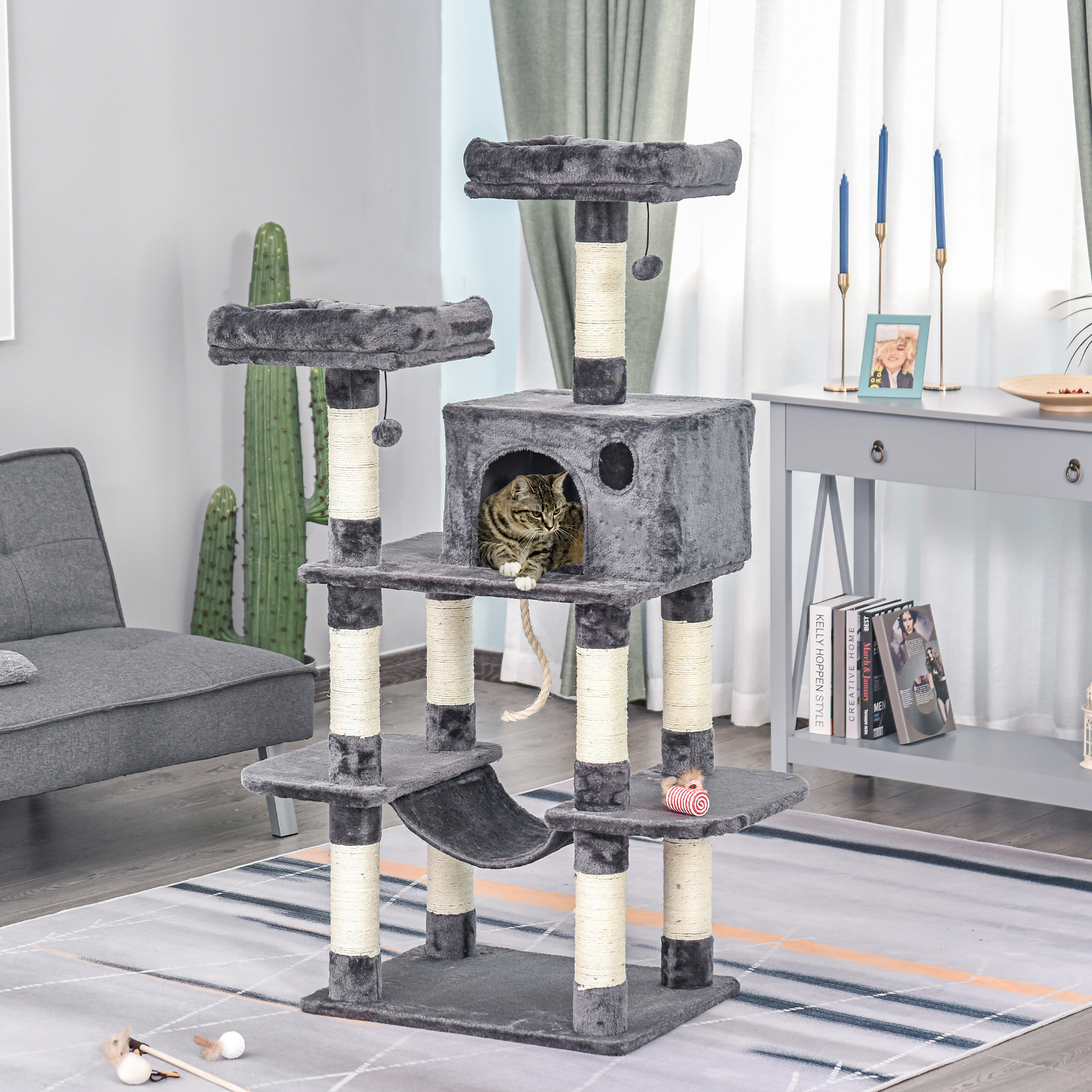 PawHut Katzenbaum Luxus mit Hängematte Katzenhaus Kletterbaum mit Hängematte und Katzenhaus Katzenspielturm Dunkelgrau 60 x 48 x 144 cm