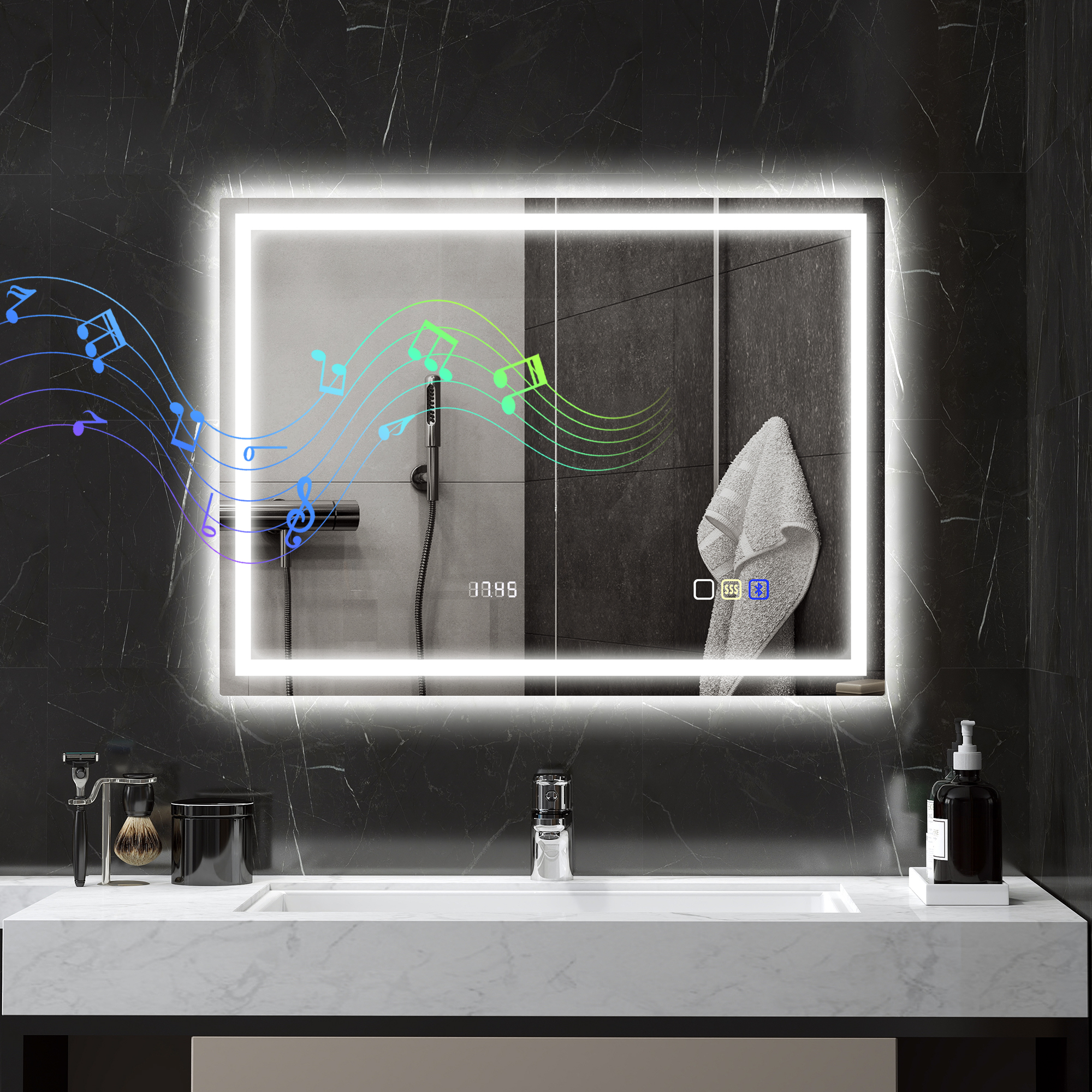 HOMCOM Badezimmerspiegel mit LED-Beleuchtung, Anti-Beschlags-Pad, 3 verstellbare Farben, Uhr, 600 x 800 mm, Silberfarben