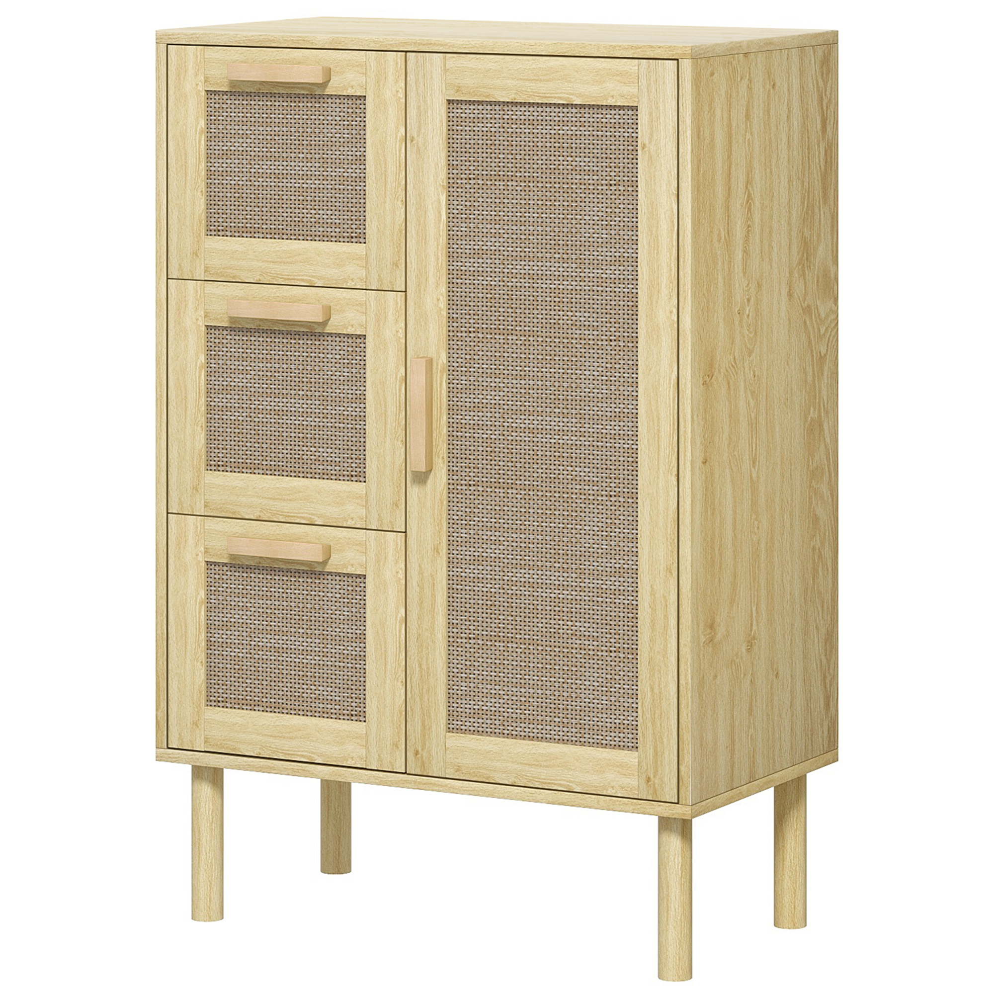 HOMCOM Boho-Stil Schrank Aufbewahrungsmöbel mit 3 Schubladen und 3 Regalen, geflochtene Rattanfront, kompakt, 55 x 30 x 82 cm
