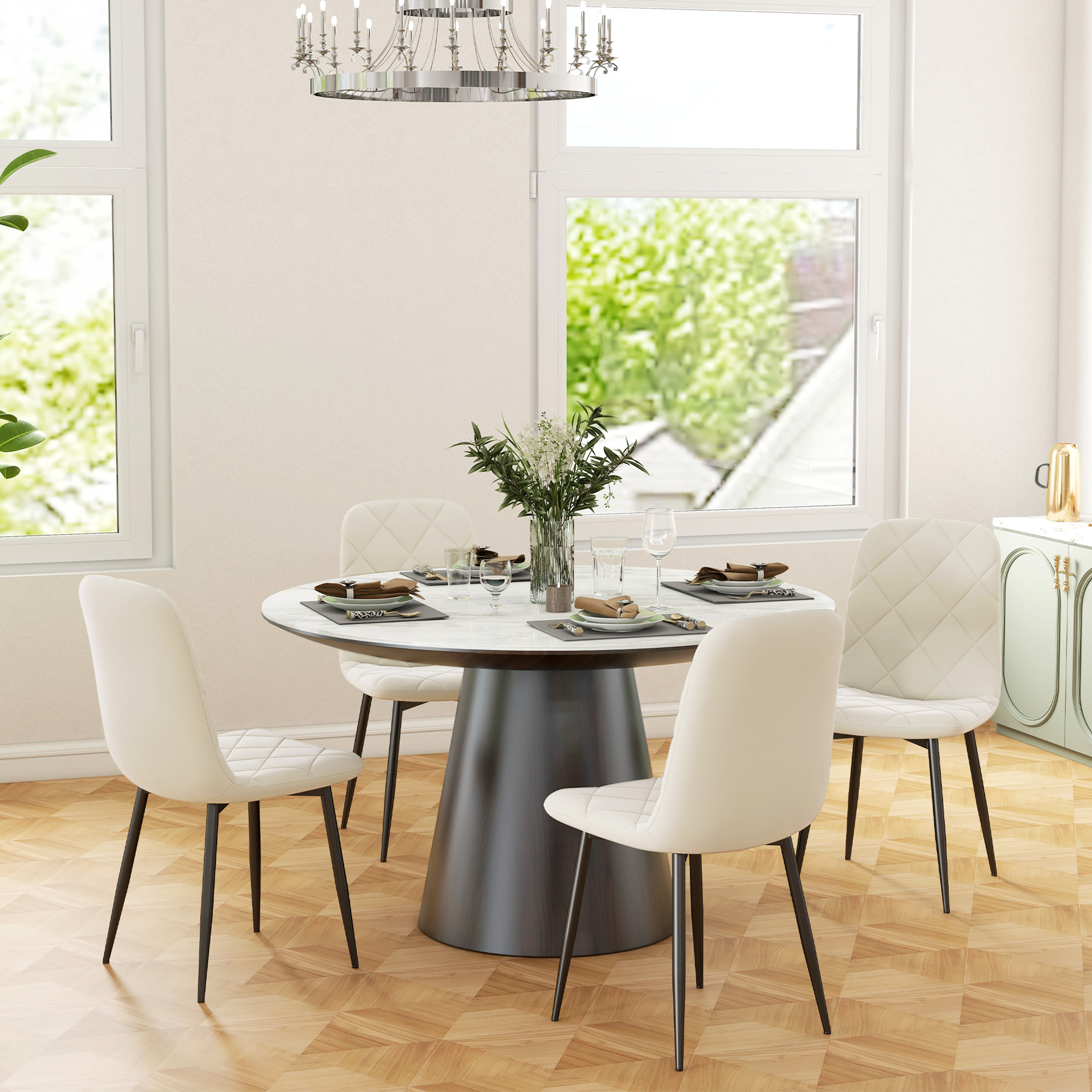 HOMCOM 4er-Set Esszimmerstühle mit hoher Rückenlehne, Stahlbeinen und Samtstoff, Creme